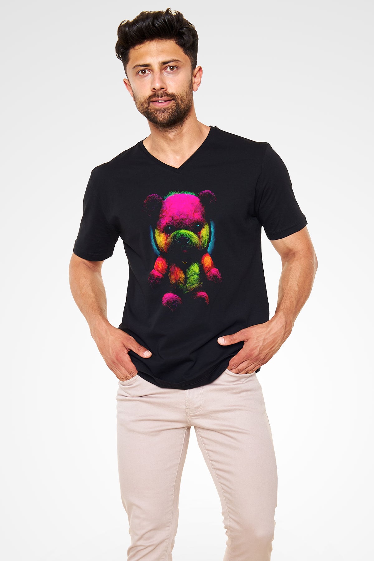Renkli Ayıcık Baskılı Unisex Siyah  V Yaka Tişört