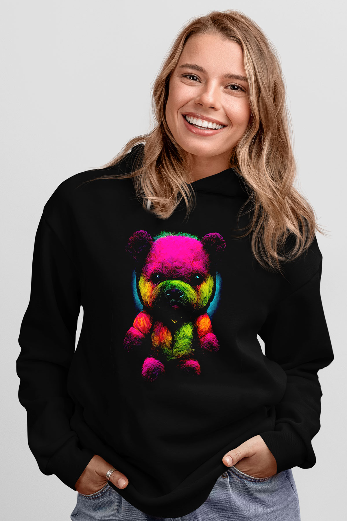 Renkli AyıcıkSiyah  Unisex Hoodie