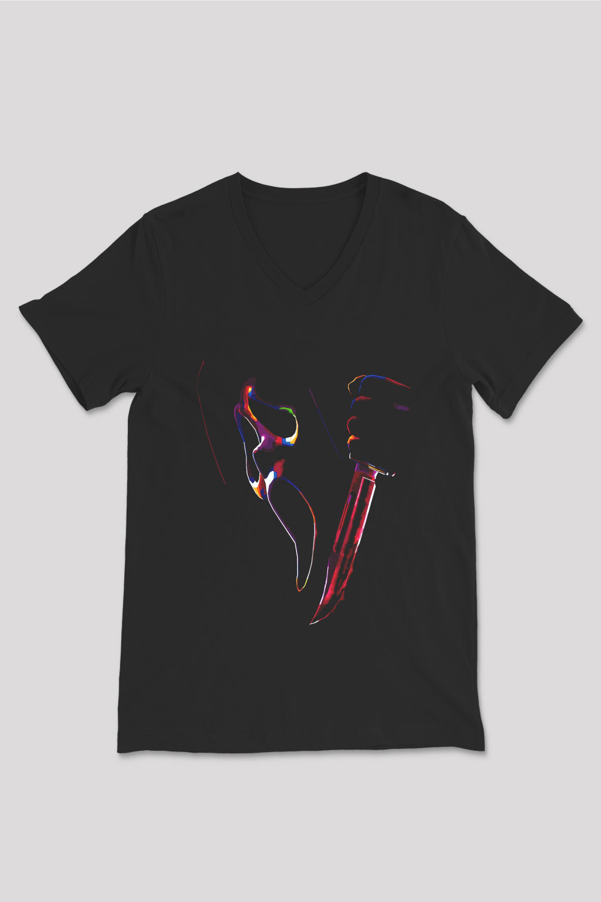 Renkli Çığlık Baskılı Unisex Siyah  V Yaka Tişört