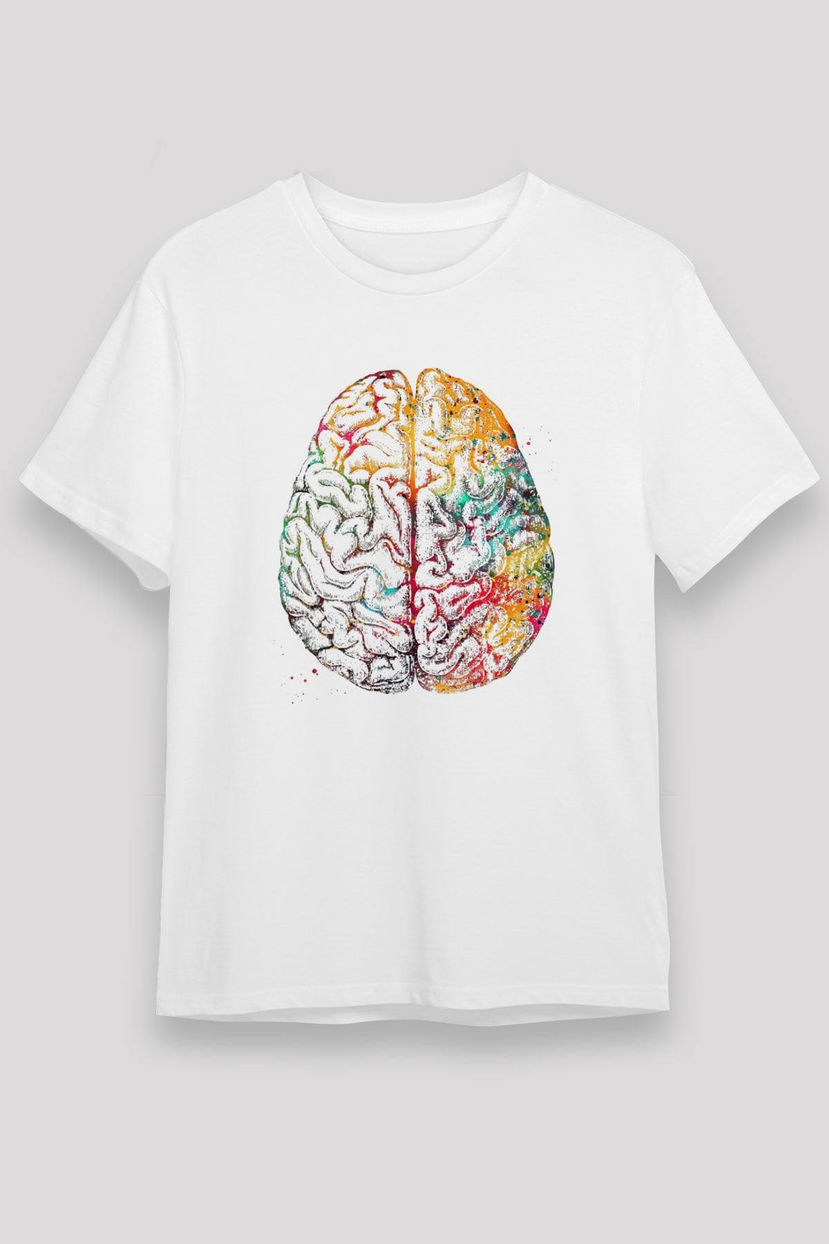 Renkli İnsan Beyni Baskılı Unisex Beyaz Tişört - Tshirt