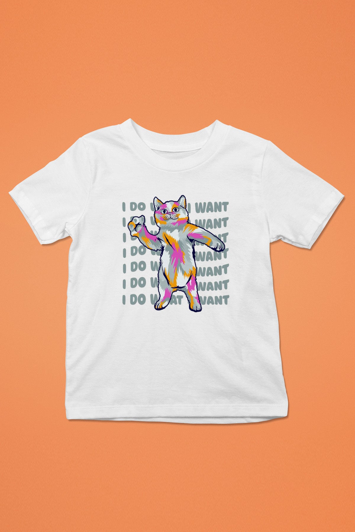 Renkli Kedi Baskılı Unisex Beyaz  Çocuk Tişört