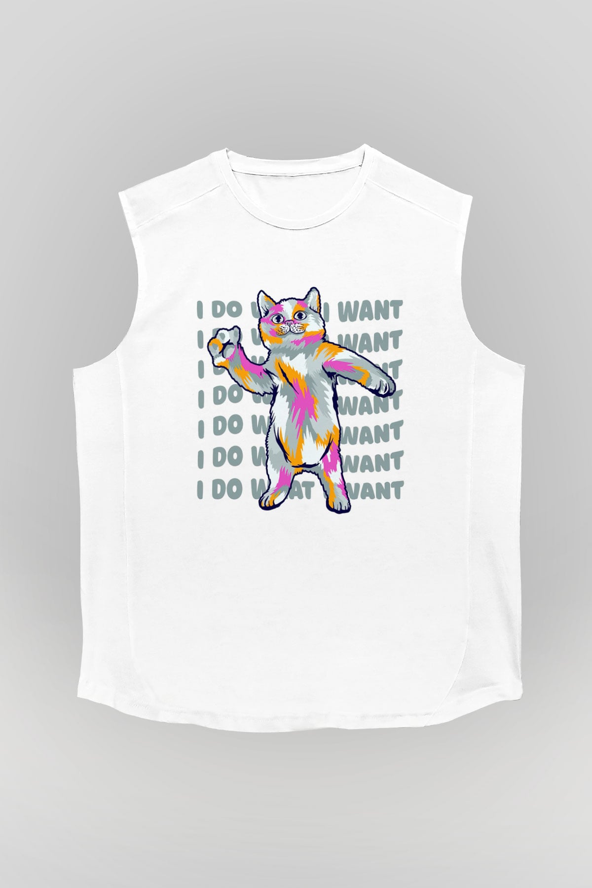 Renkli Kedi Baskılı Unisex Beyaz  Kolsuz Tişört