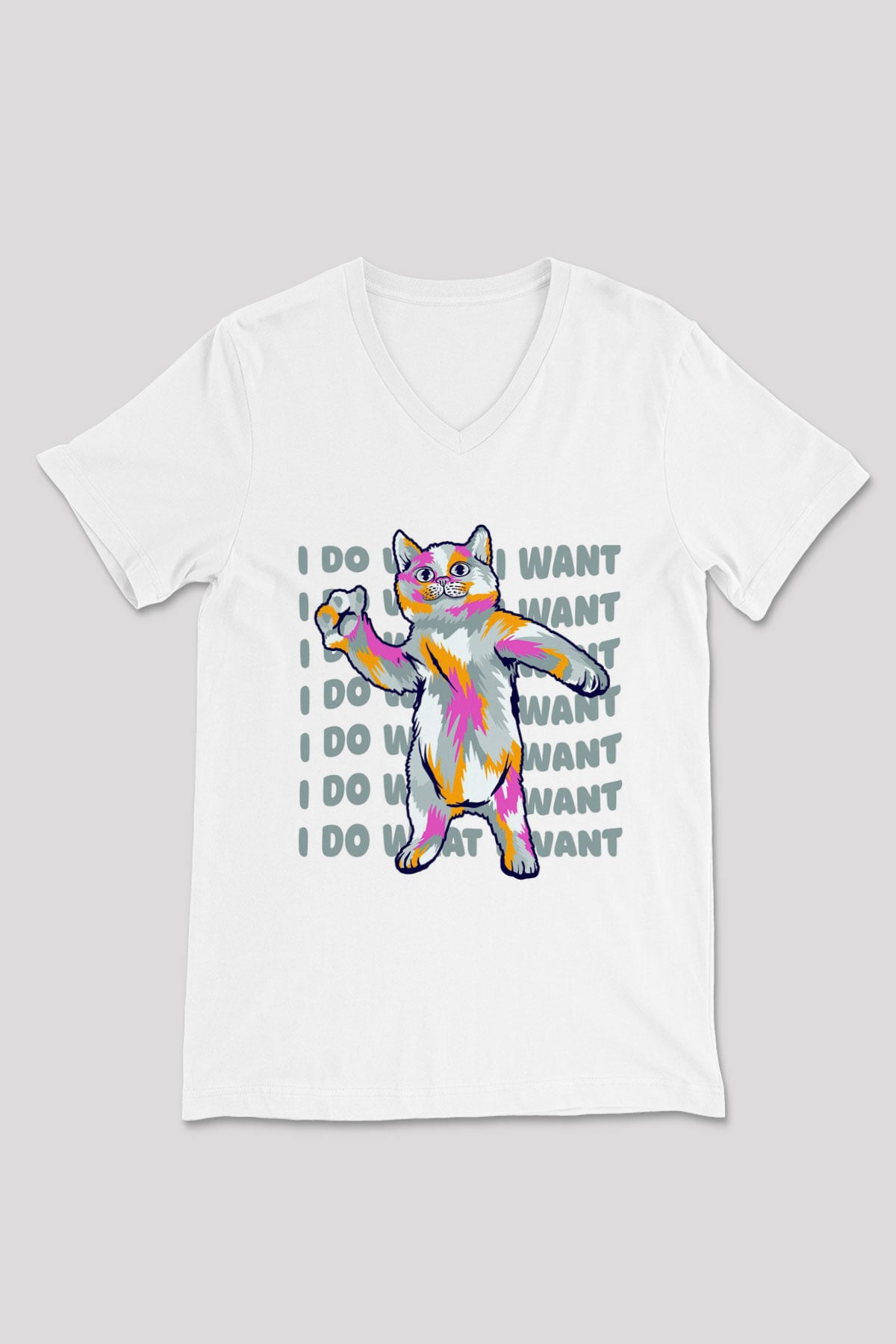 Renkli Kedi Baskılı Unisex Beyaz  V Yaka Tişört