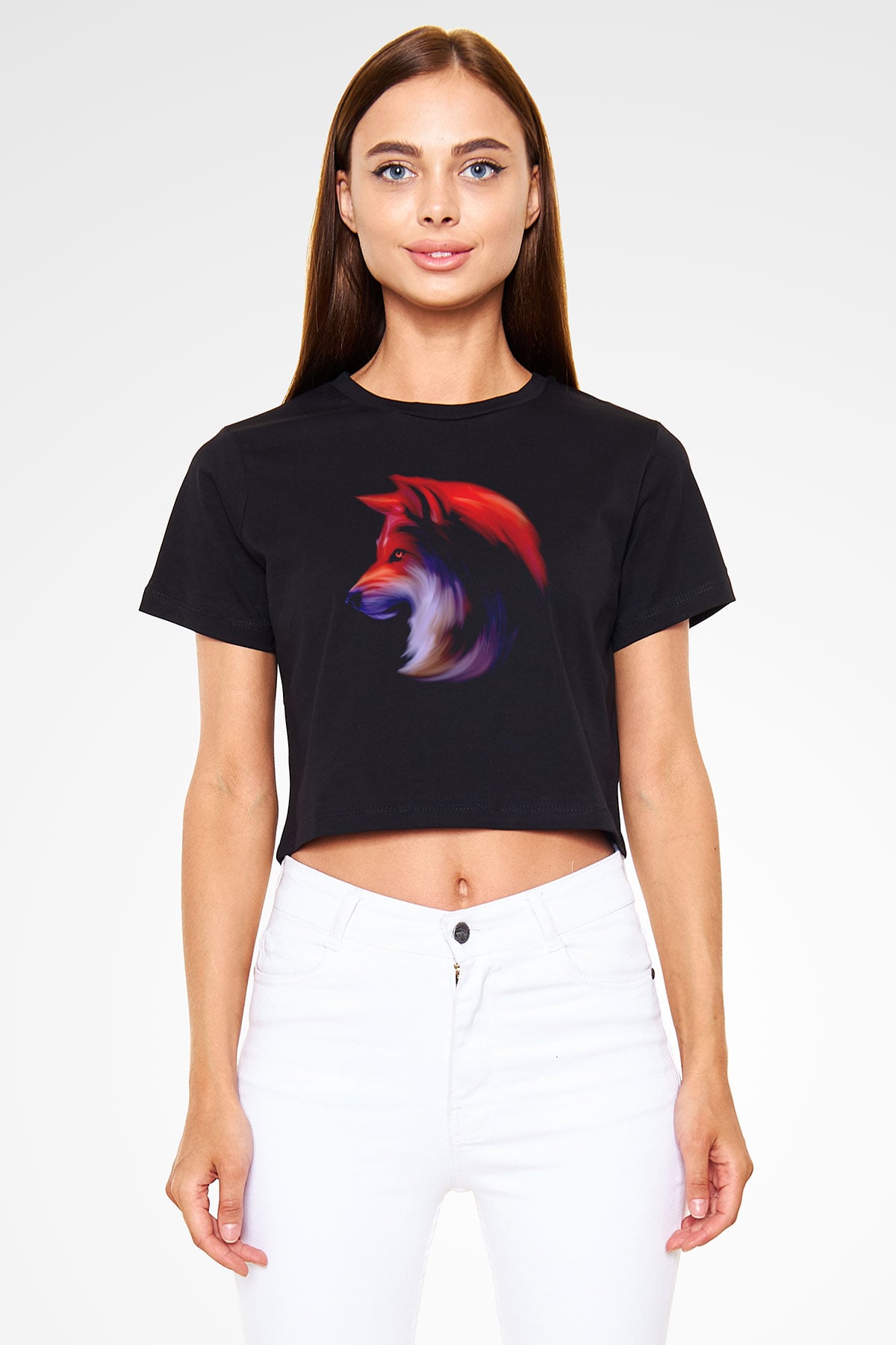 Renkli Kurt Baskılı  Siyah  Crop Top Tişört