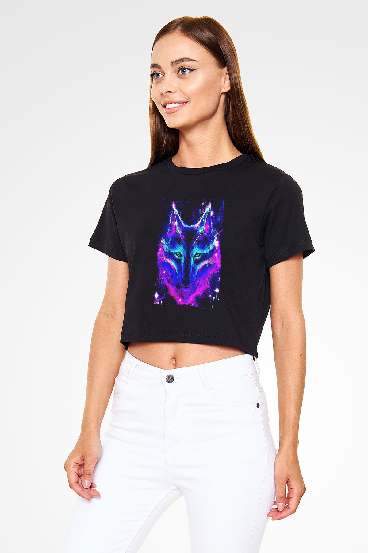 Renkli Kurt Baskılı  Siyah  Crop Top Tişört
