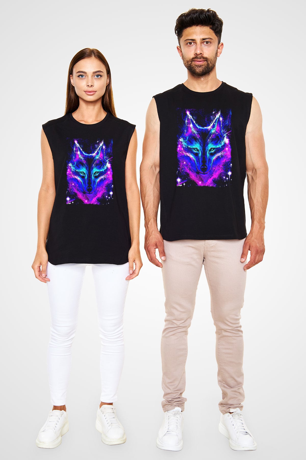 Renkli Kurt Baskılı Unisex Siyah  Kolsuz Tişört