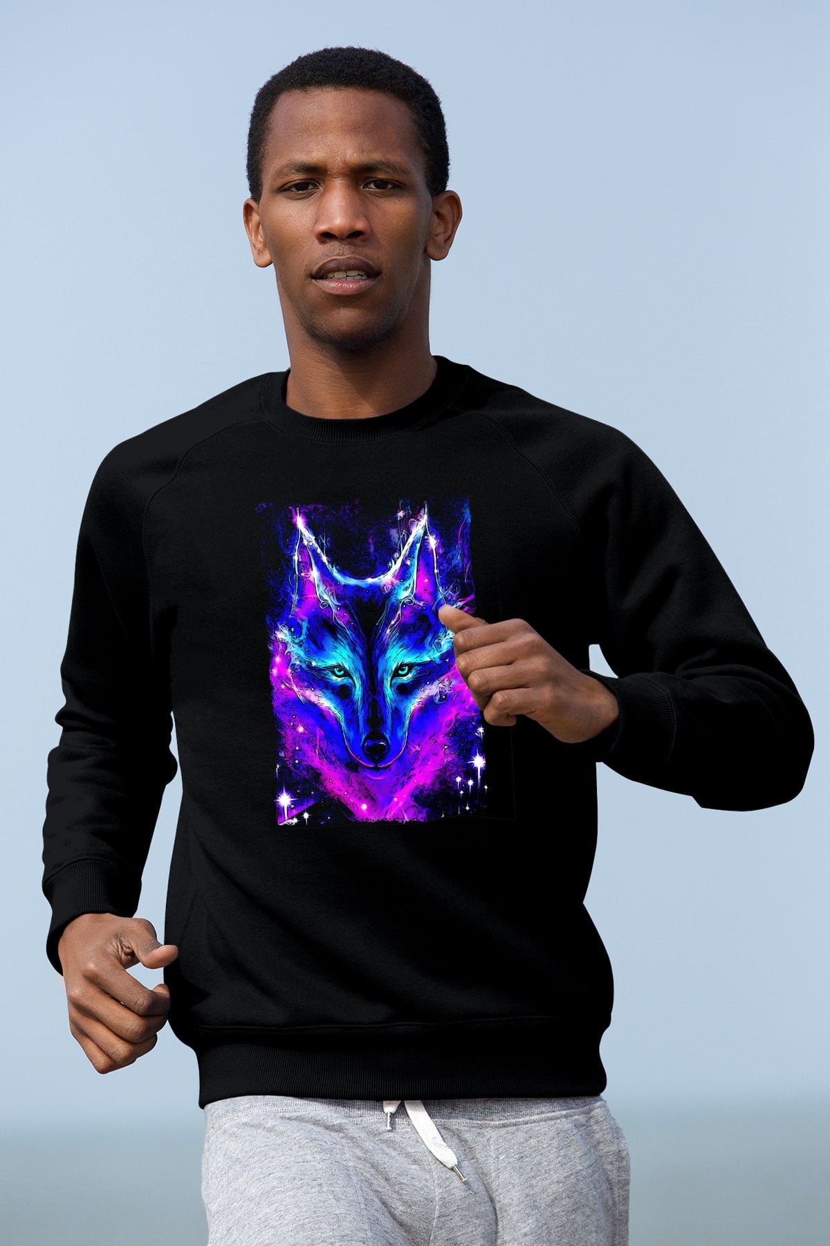 Renkli Kurt Baskılı Unisex Siyah  Sweatshirt