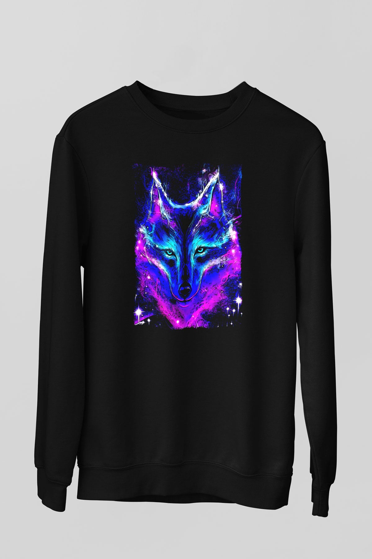 Renkli Kurt Baskılı Unisex Siyah  Sweatshirt