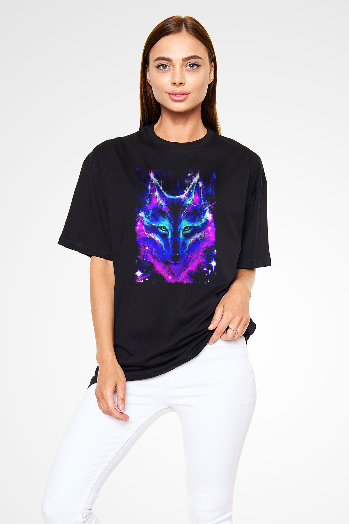 Renkli Kurt Baskılı Unisex Siyah Tişört