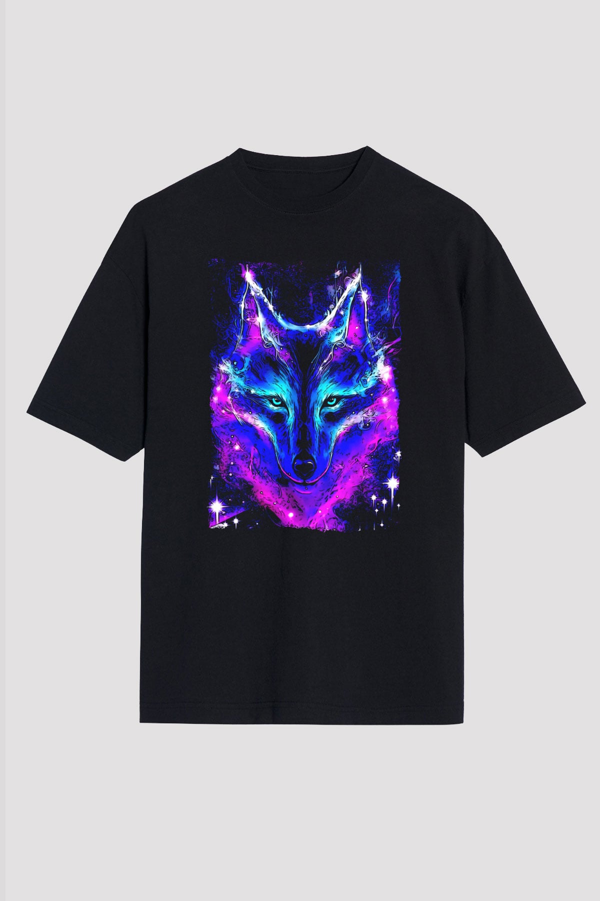 Renkli Kurt Baskılı Unisex Siyah Tişört