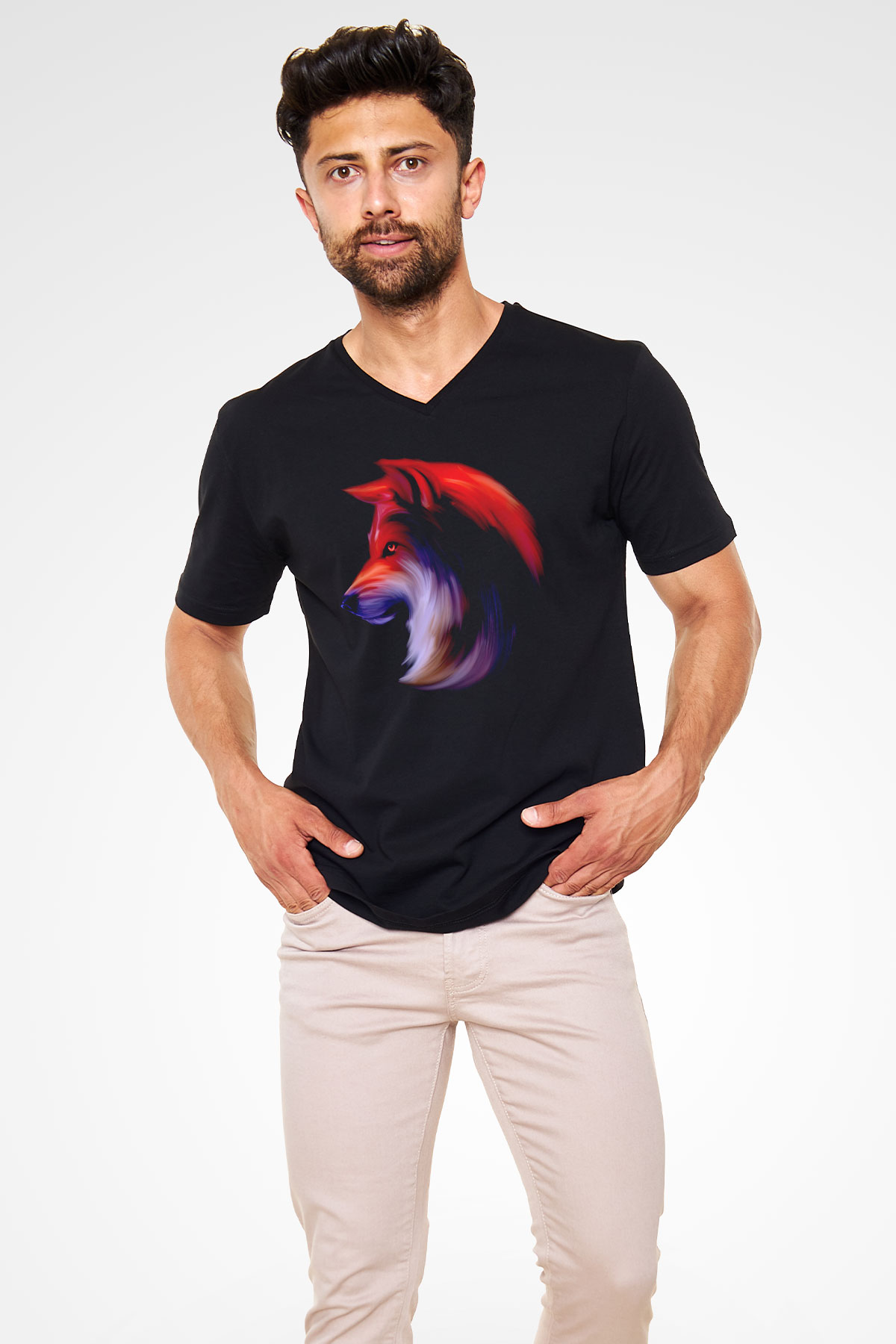 Renkli Kurt Baskılı Unisex Siyah  V Yaka Tişört