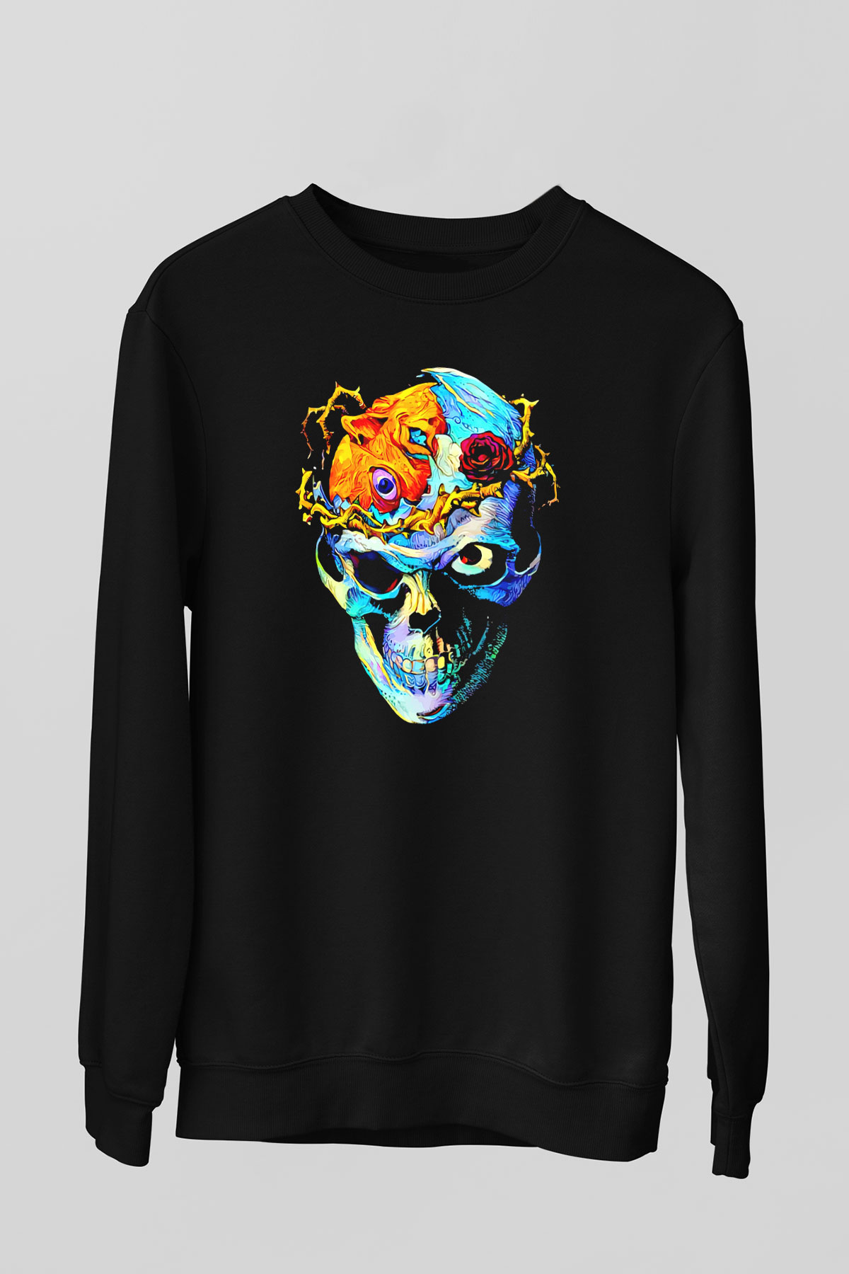 Renkli Kurukafa Baskılı Unisex Siyah  Sweatshirt