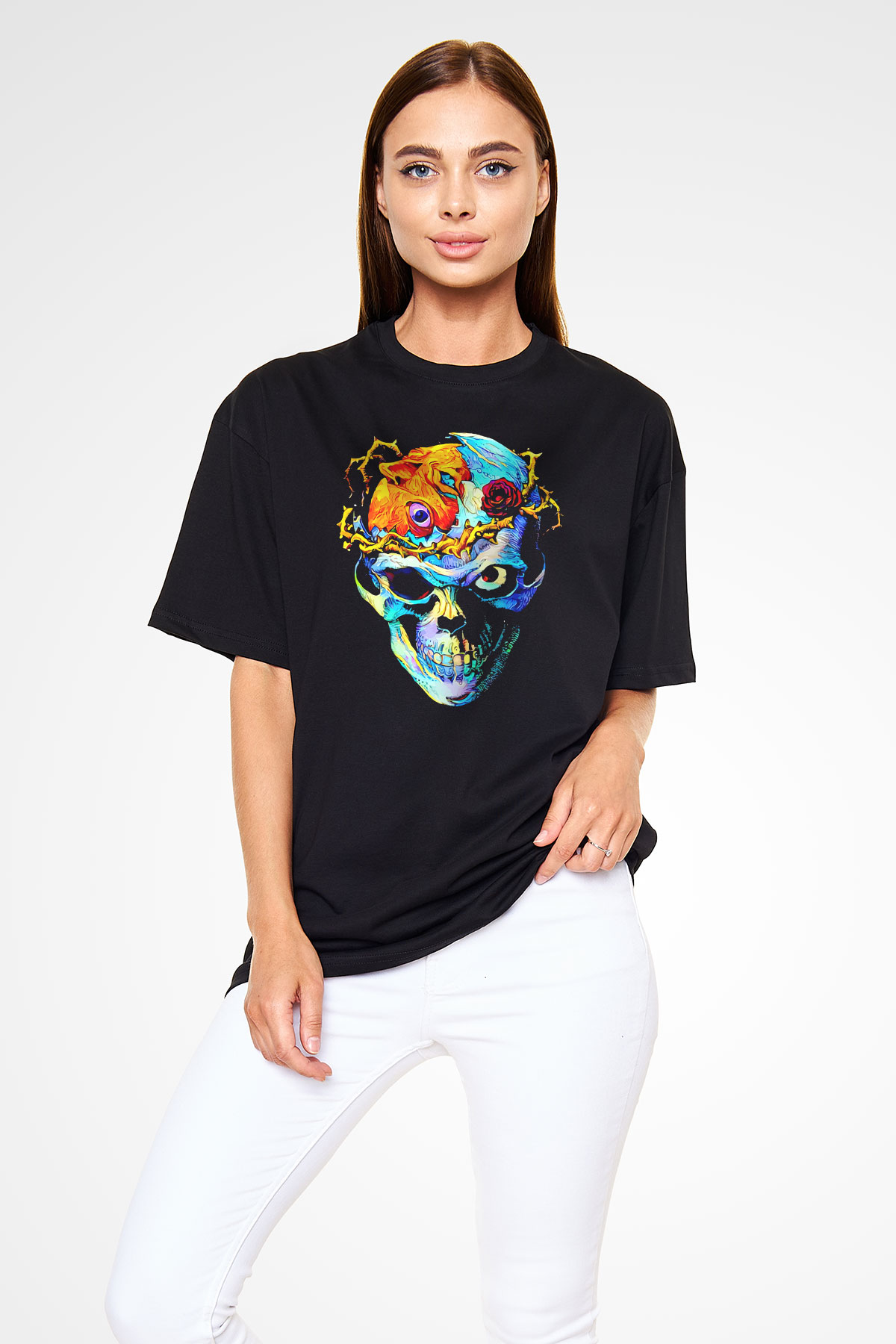 Renkli Kurukafa Baskılı Unisex Siyah Tişört