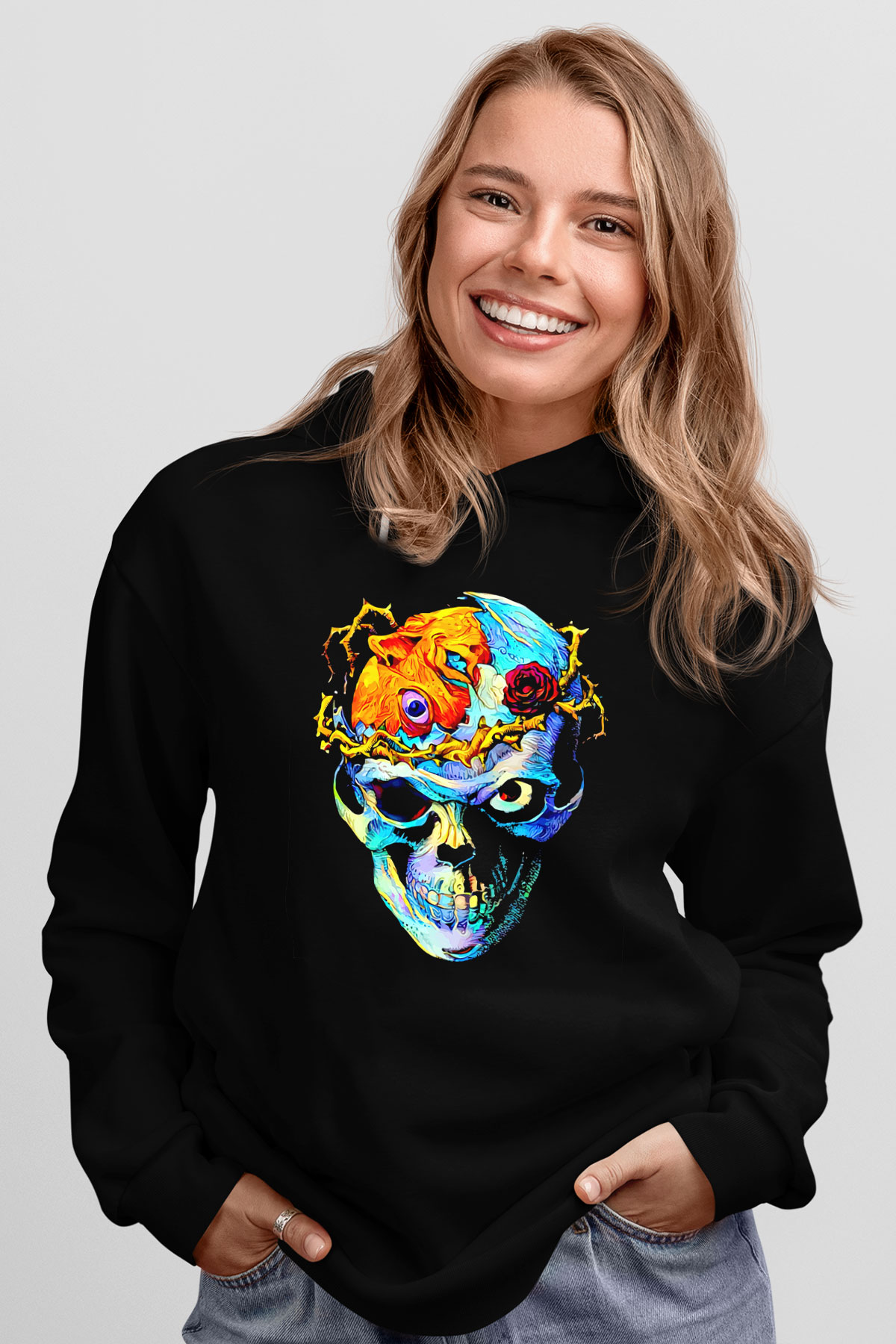 Renkli KurukafaSiyah  Unisex Hoodie