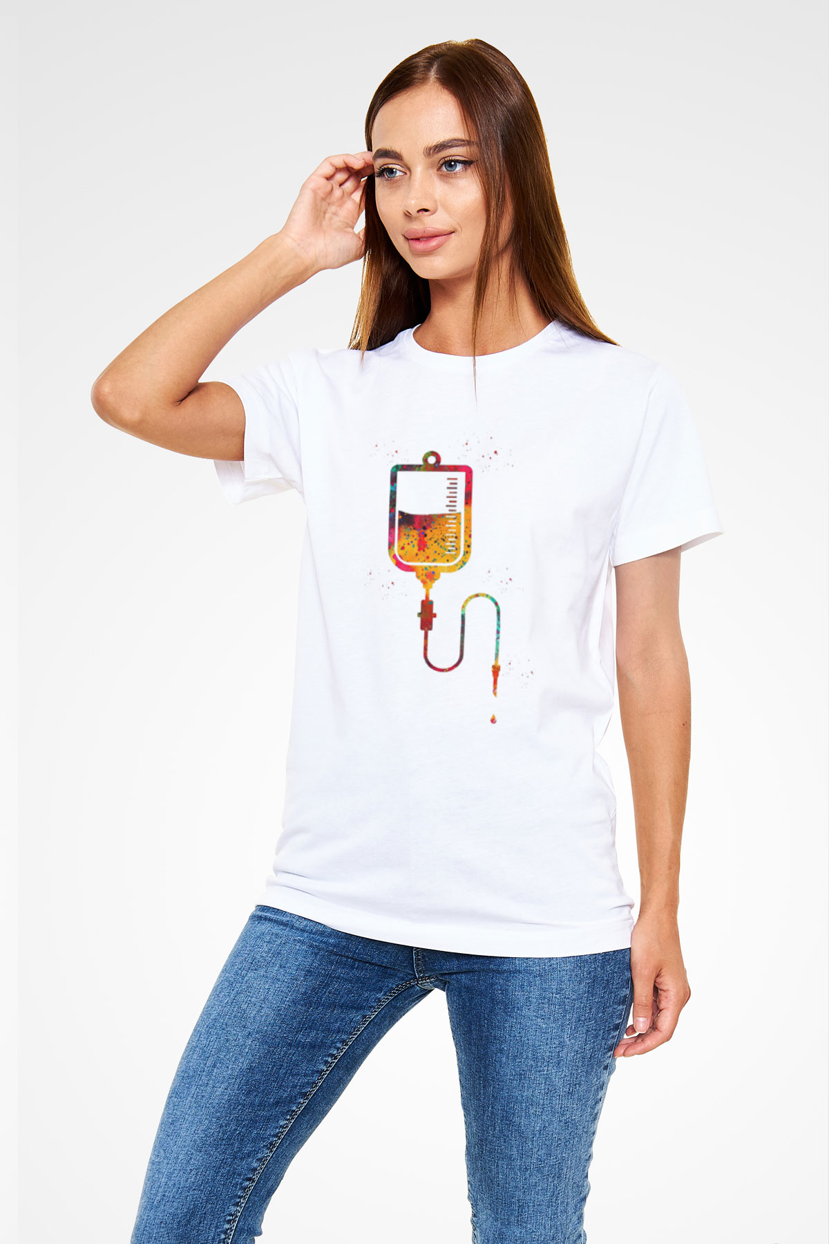 Renkli Serum Baskılı Unisex Beyaz Tişört - Tshirt