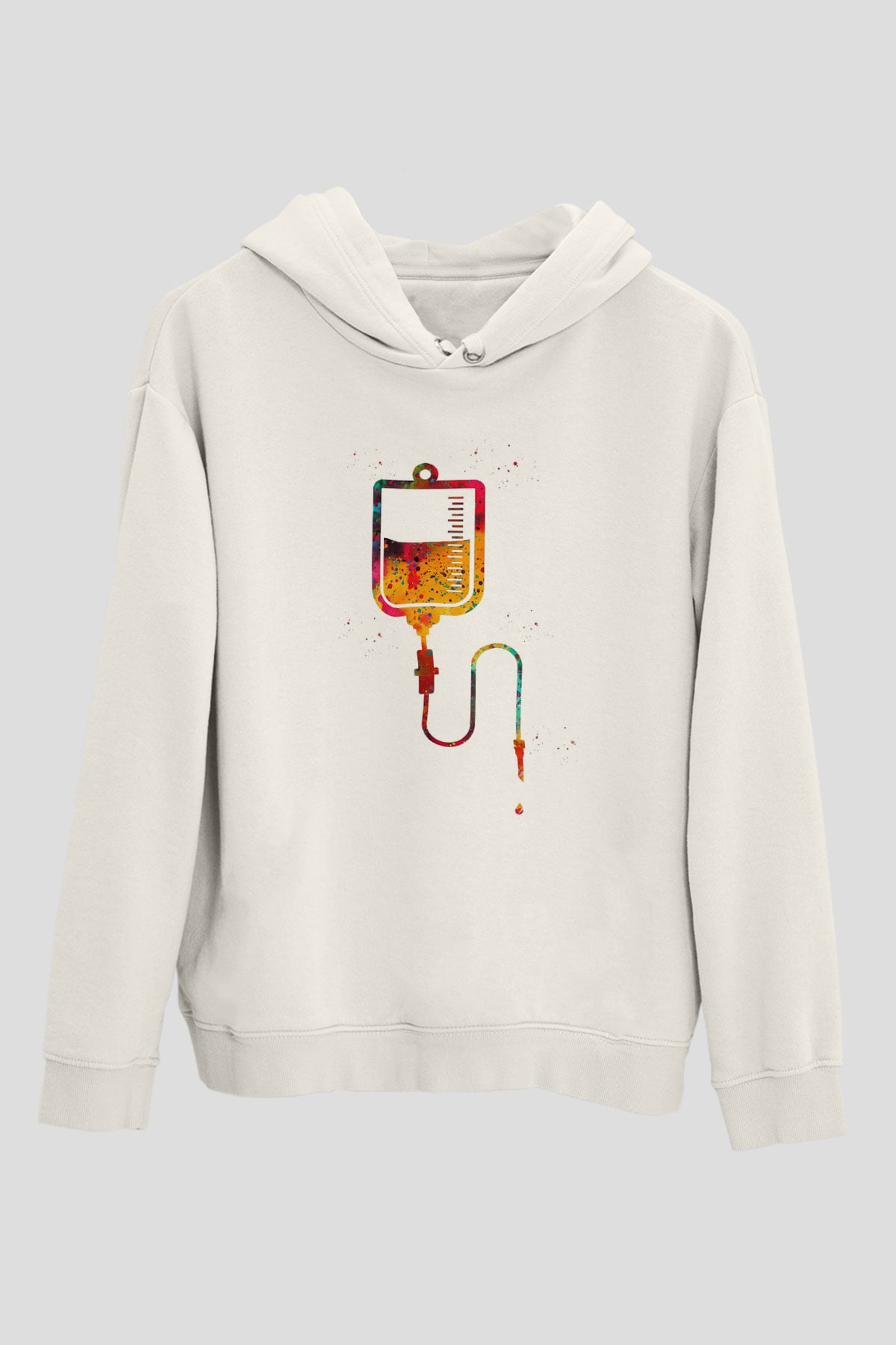 Renkli Serum Baskılı Unisex Ekru Hoodie