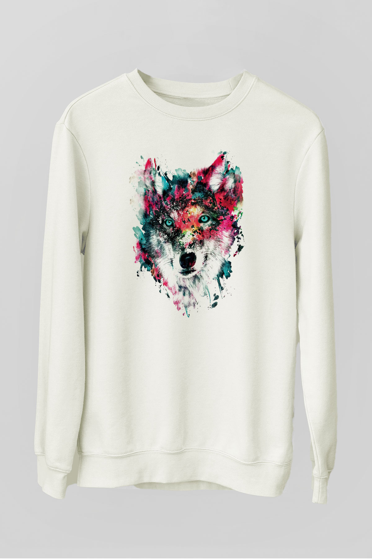 Renkli Suluboya Kurt Baskılı Unisex Beyaz  Sweatshirt