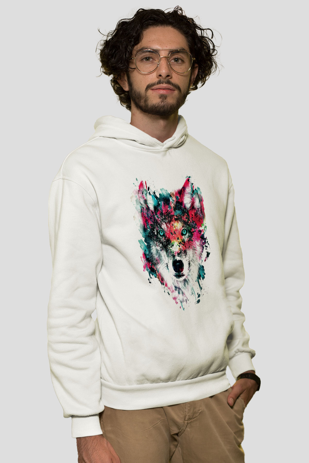 Renkli Suluboya KurtBeyaz Tshirt Unisex Hoodie