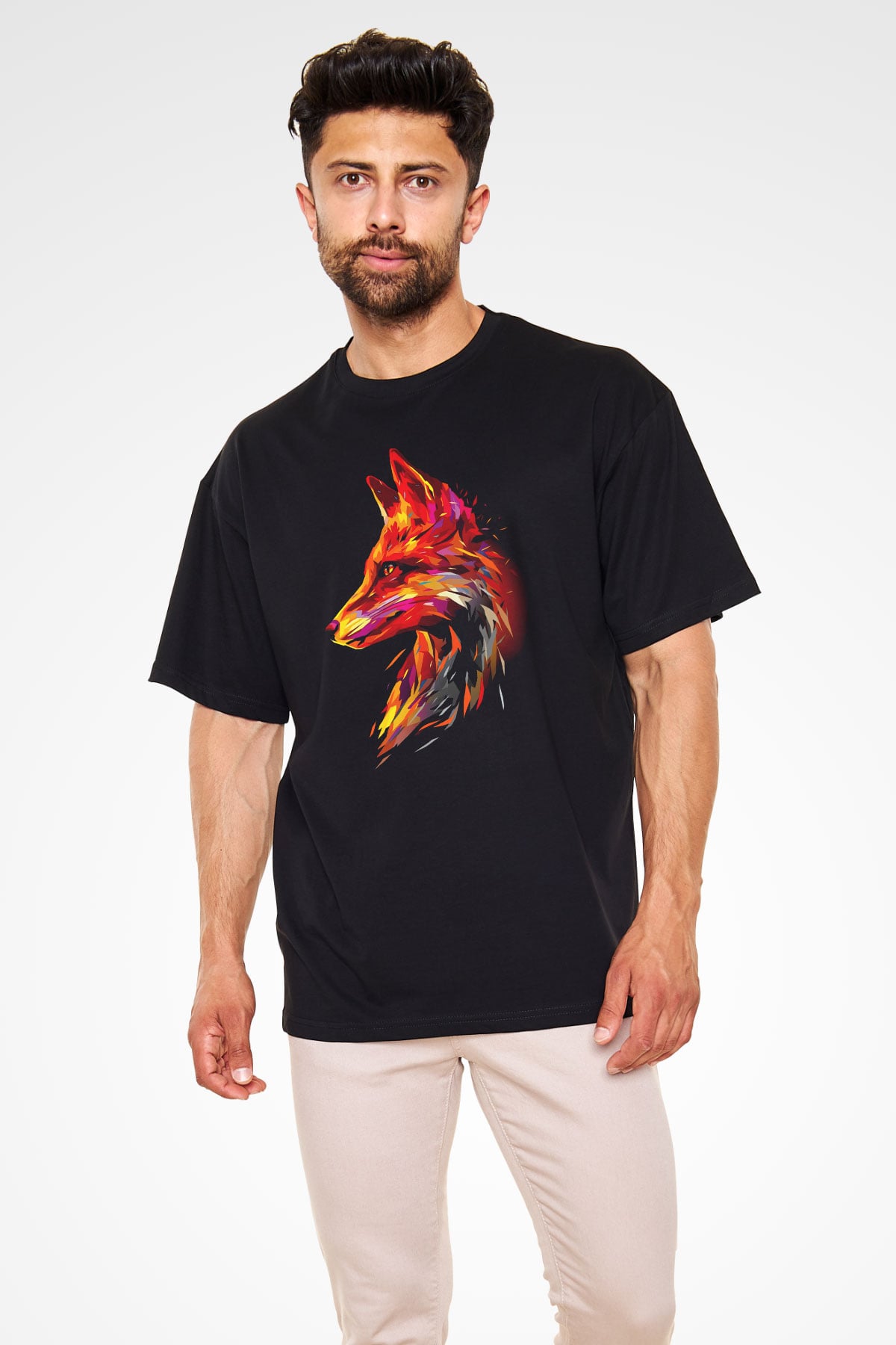 Renkli Tilki Baskılı Unisex Siyah Tişört