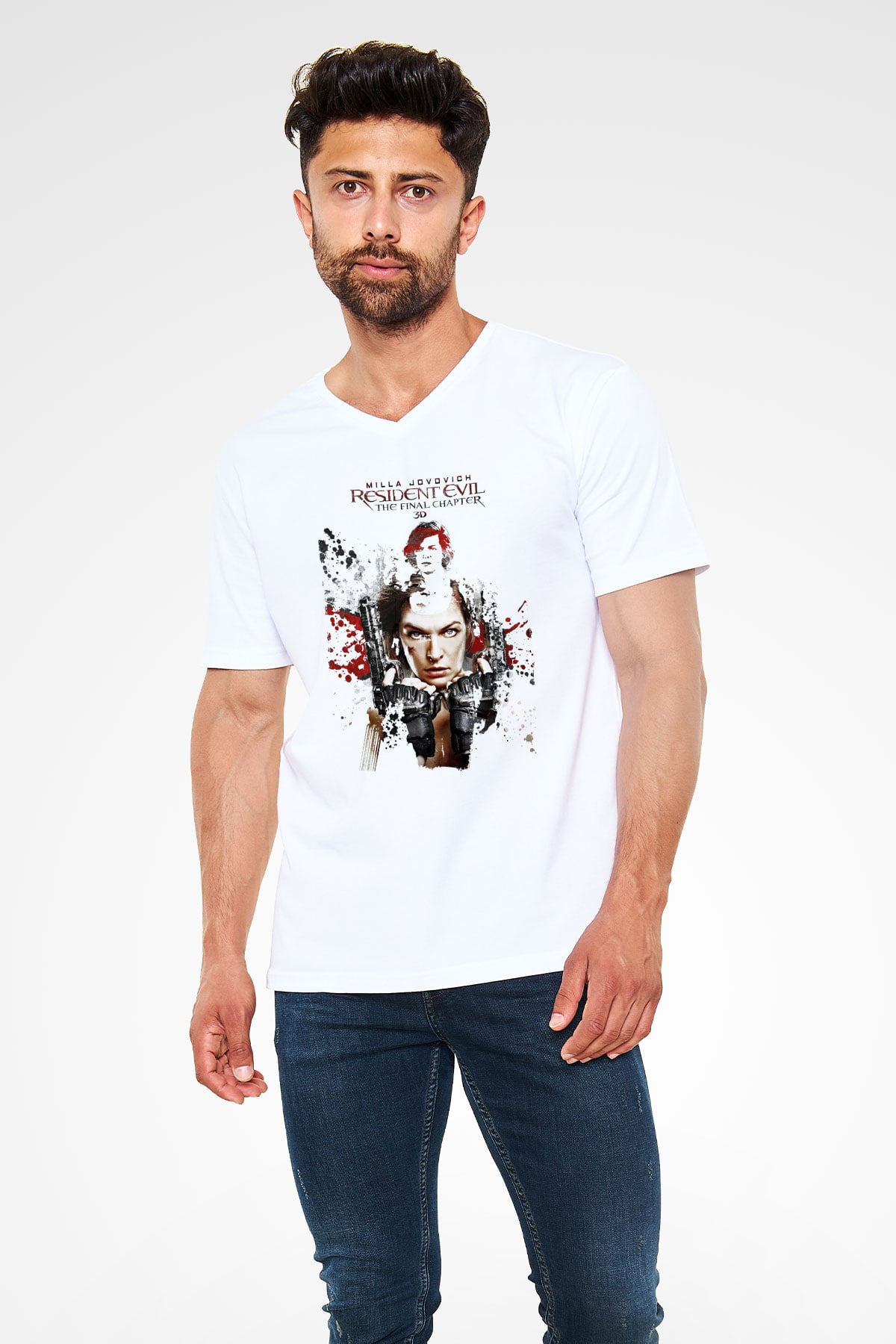 Resident Evil Beyaz Unisex V Yaka Tişört