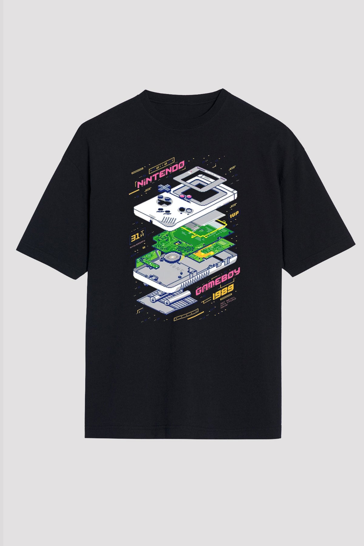 Retro Gameboy Baskılı Unisex Siyah Tişört