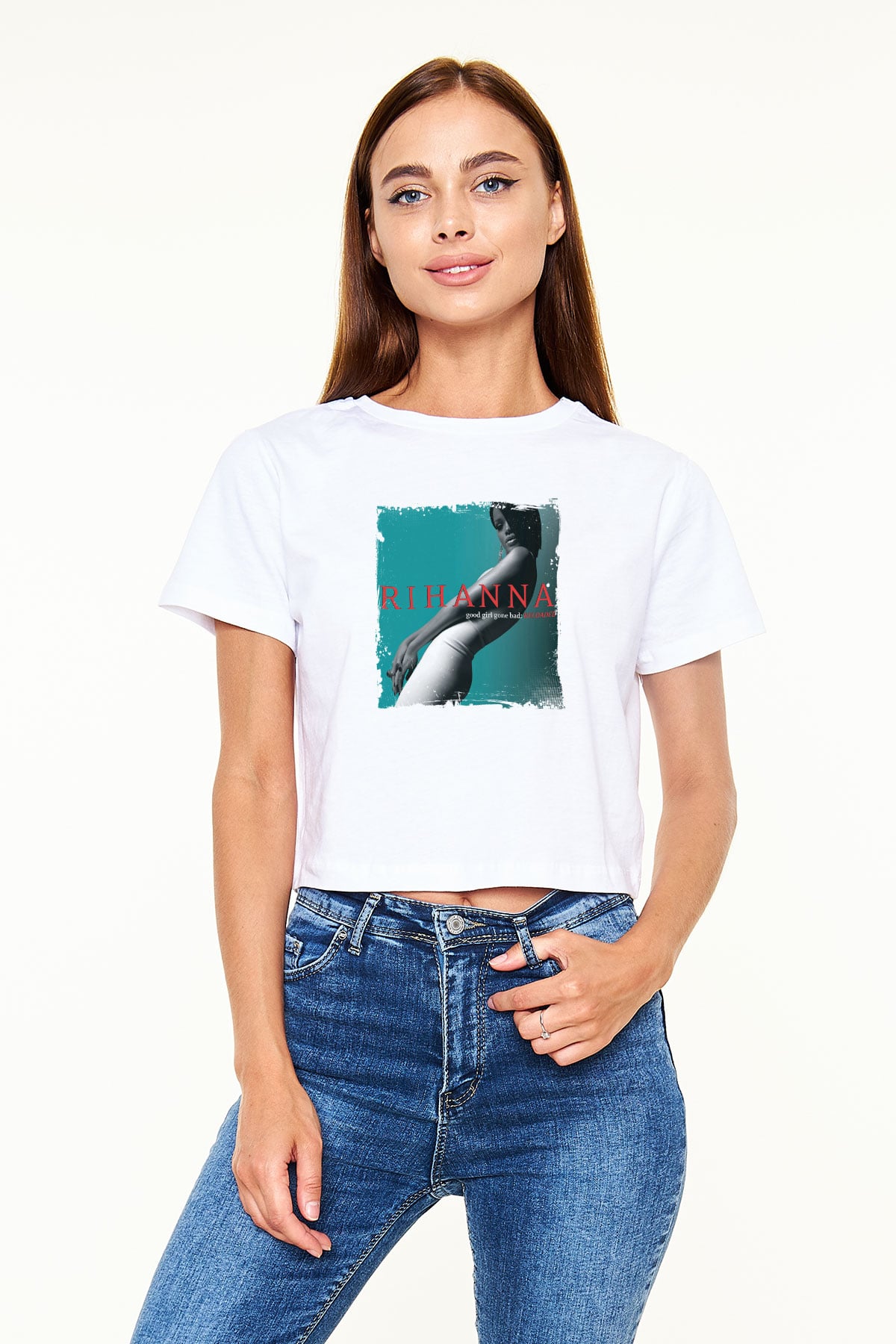 Rihanna Baskılı Beyaz Kadın Crop Top Tişört