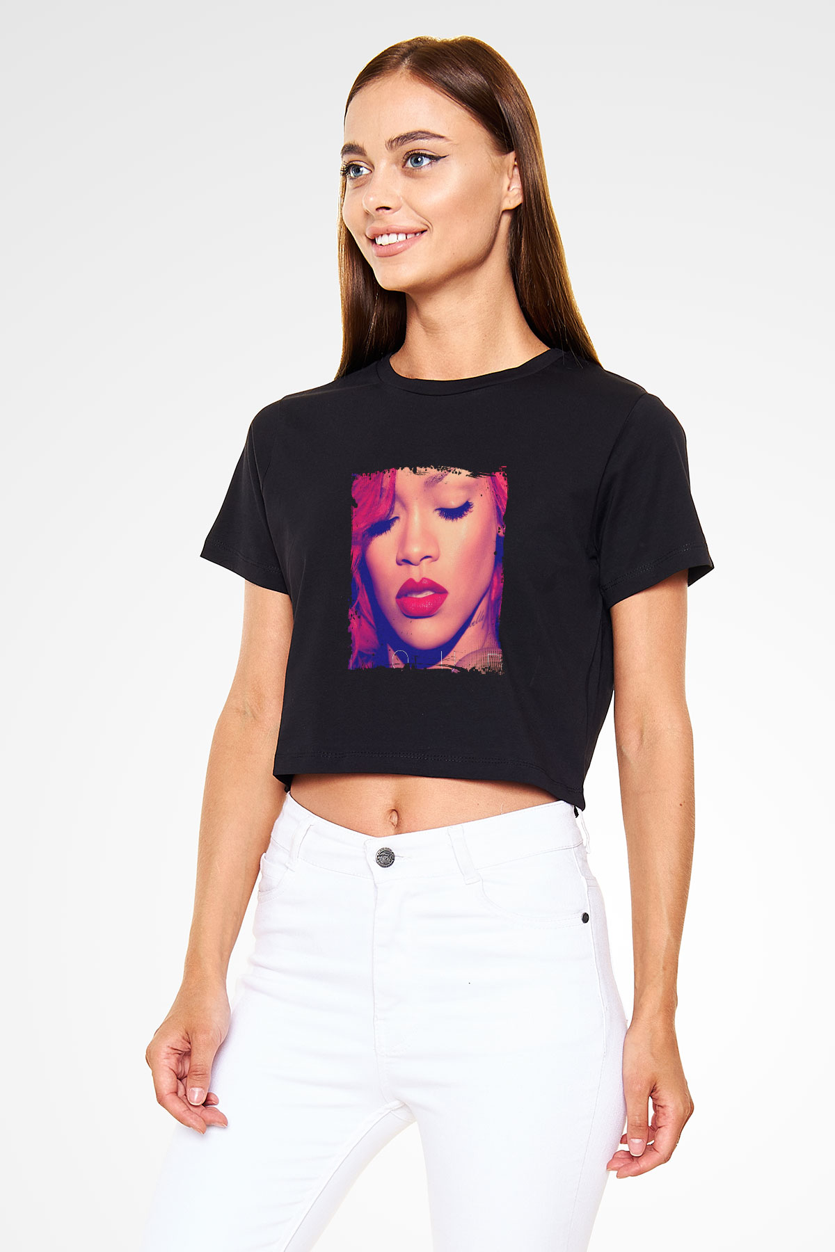 Rihanna Baskılı Crop Top Siyah Kadın Tişört