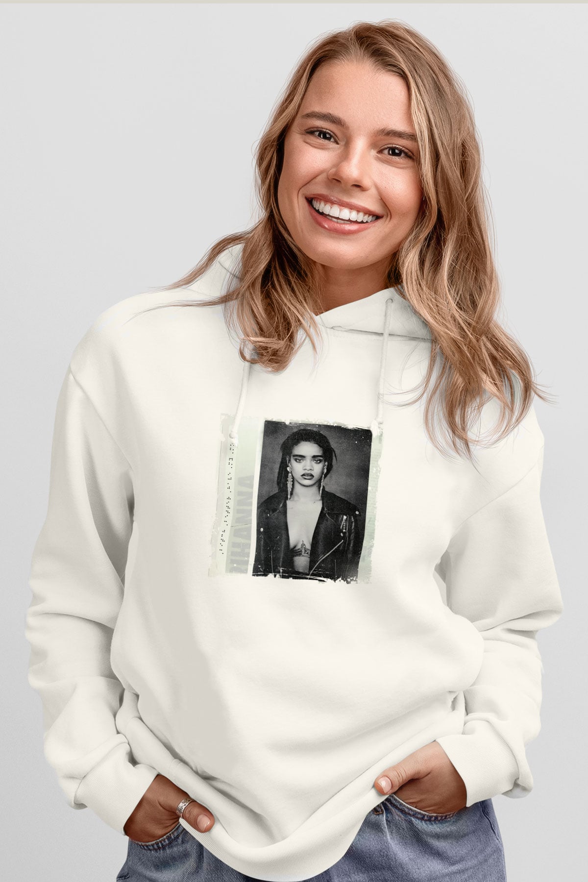 Rihanna Baskılı Unisex Beyaz Kapüşonlu Sweatshirt