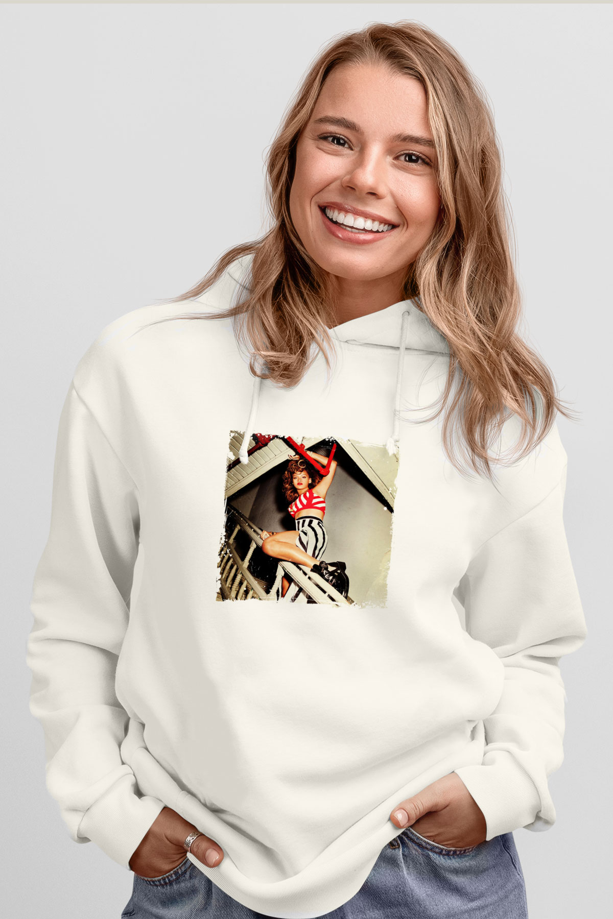 Rihanna Baskılı Unisex Beyaz Kapüşonlu Sweatshirt