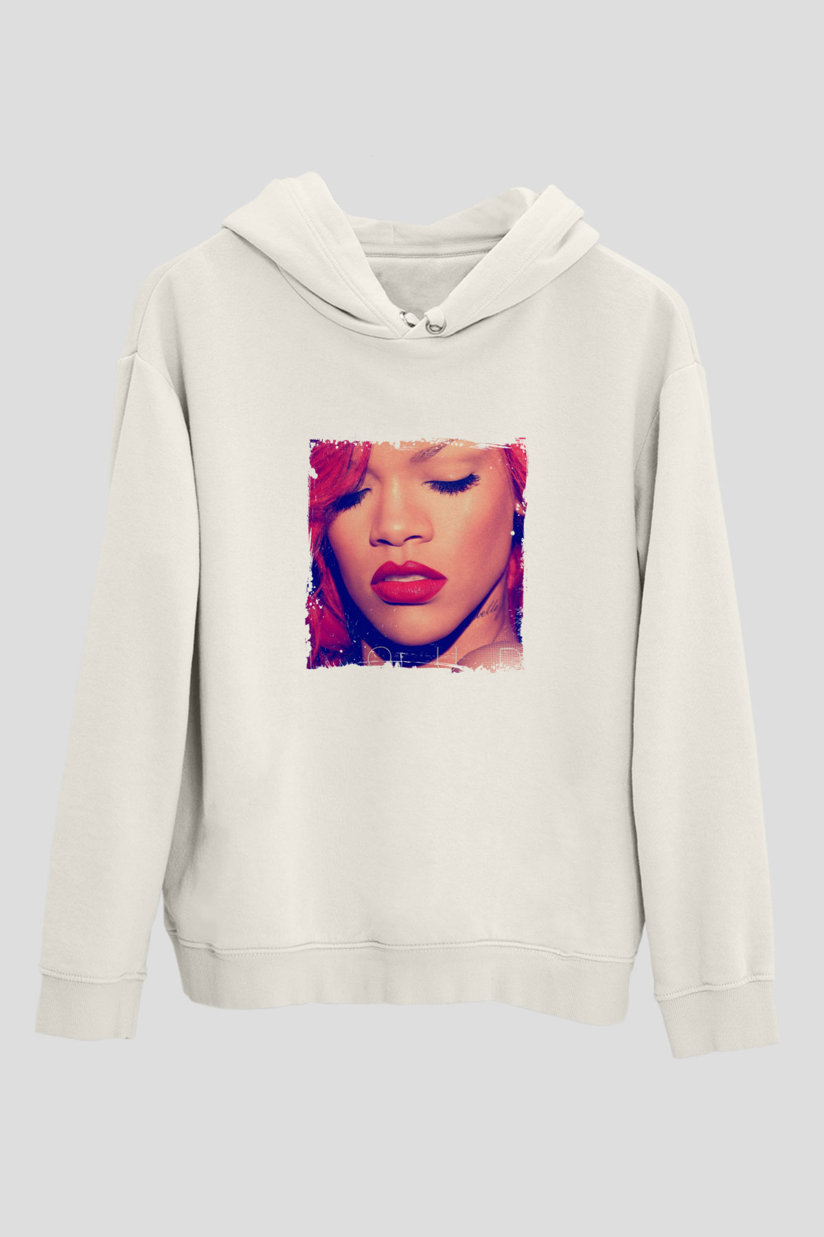 Rihanna Baskılı Unisex Beyaz Kapüşonlu Sweatshirt