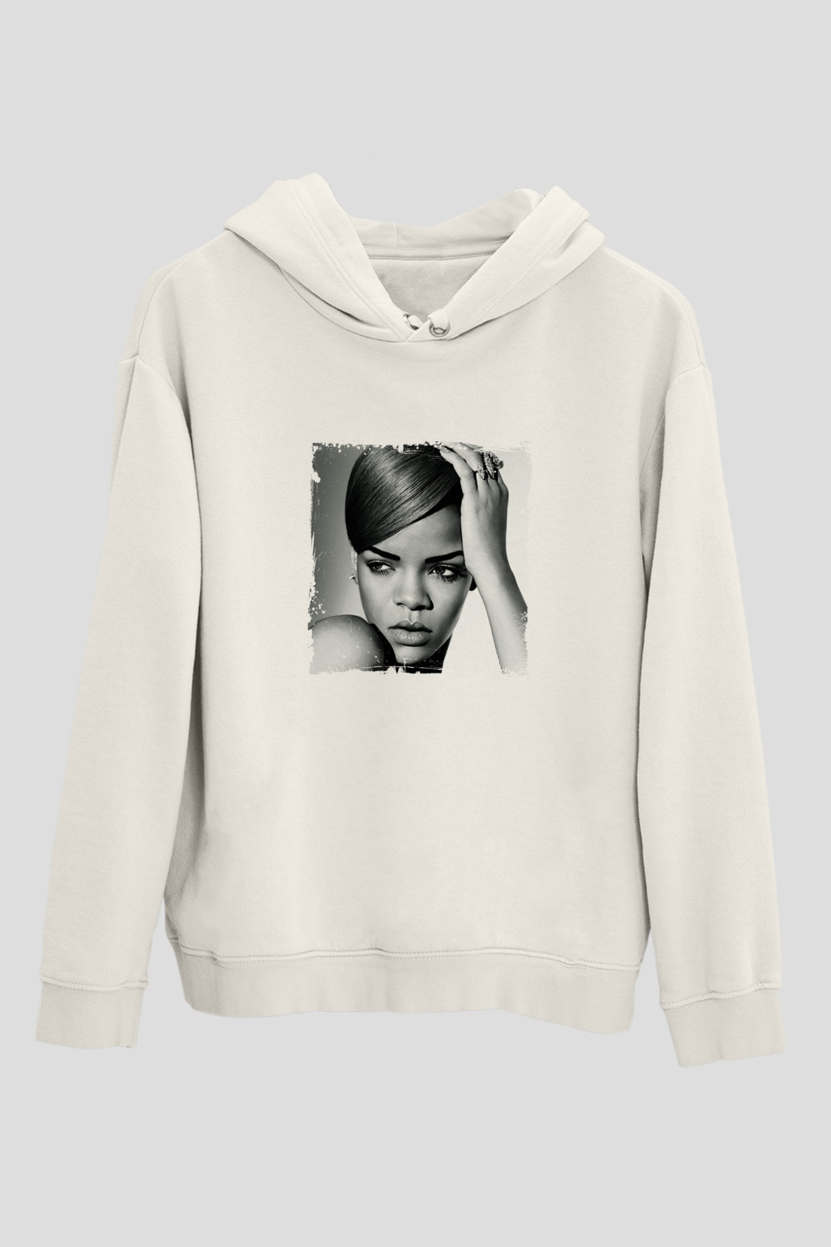 Rihanna Baskılı Unisex Beyaz Kapüşonlu Sweatshirt