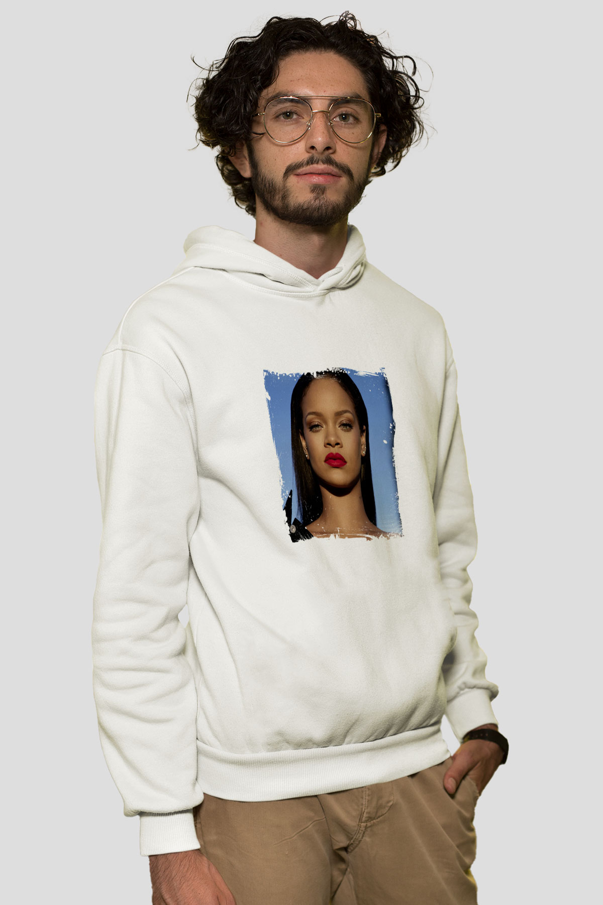 Rihanna Baskılı Unisex Beyaz Kapüşonlu Sweatshirt
