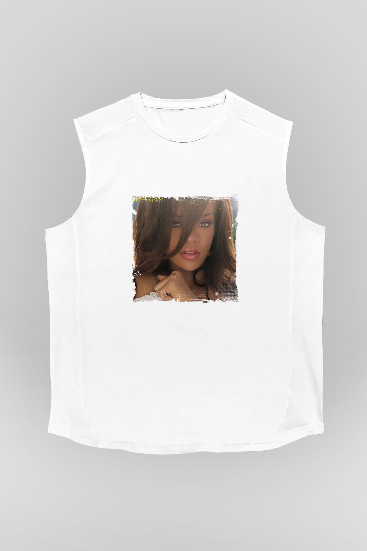 Rihanna Baskılı Unisex Beyaz Kolsuz Tişört