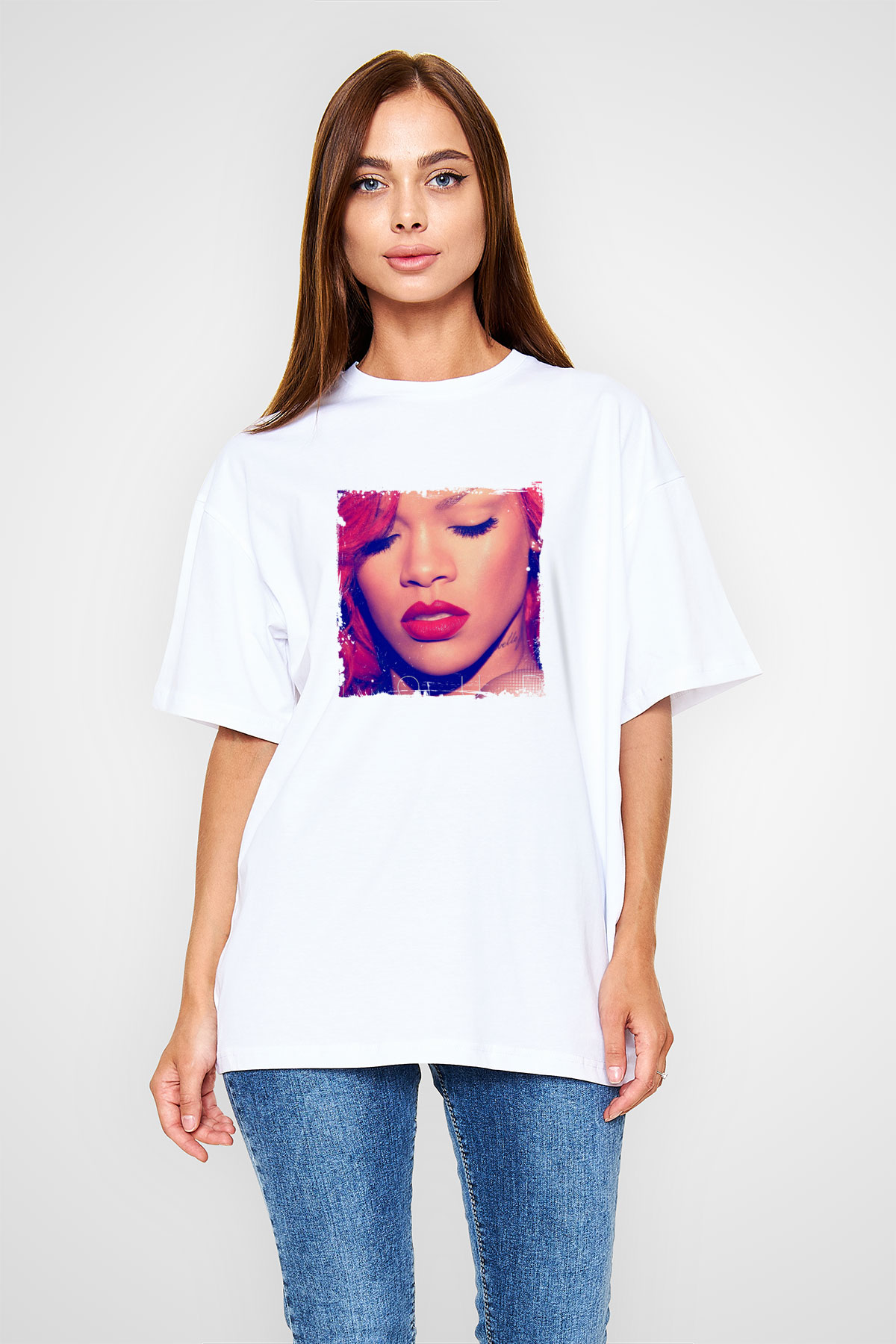 Rihanna Baskılı Unisex Beyaz Tişört