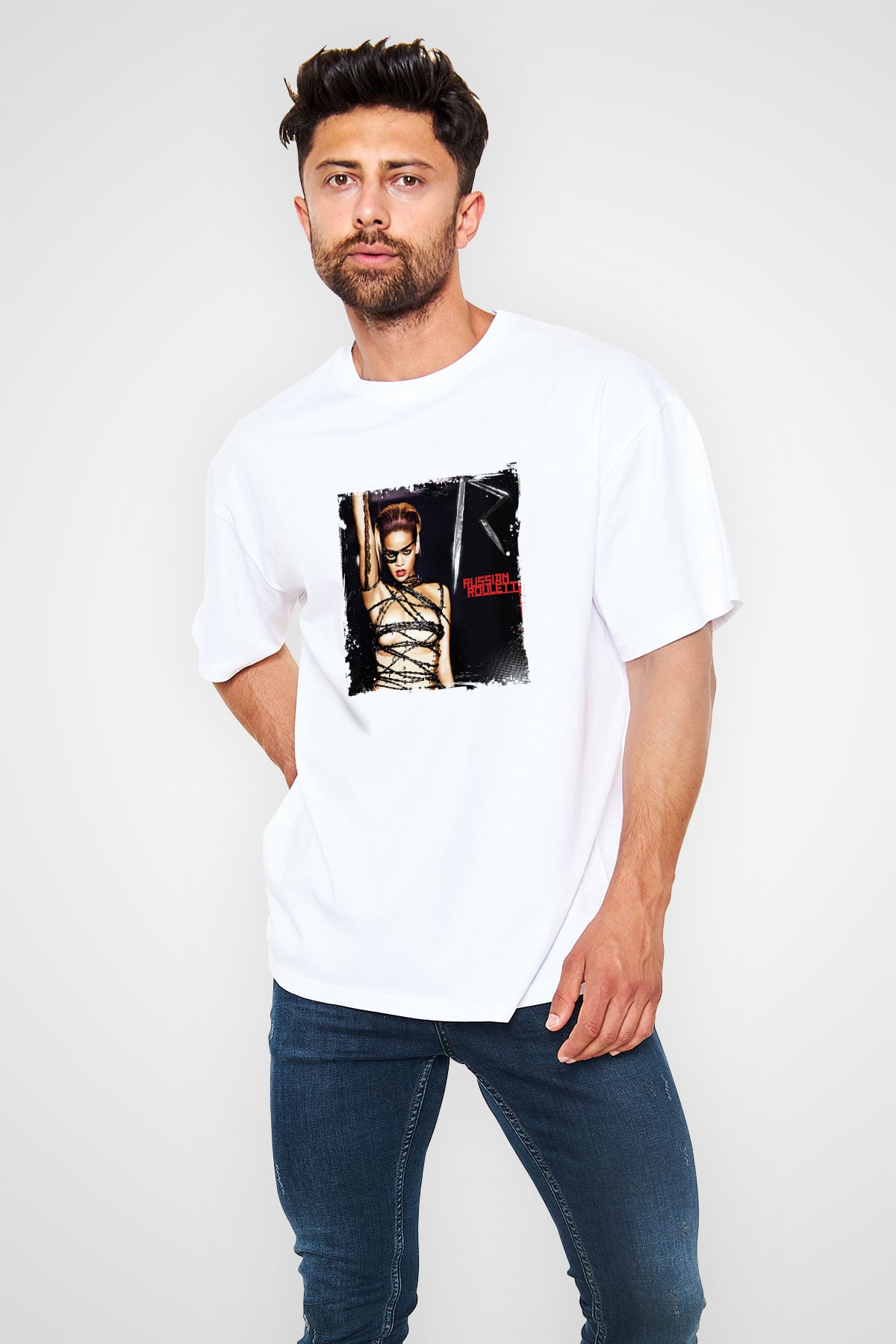Rihanna Baskılı Unisex Beyaz Tişört