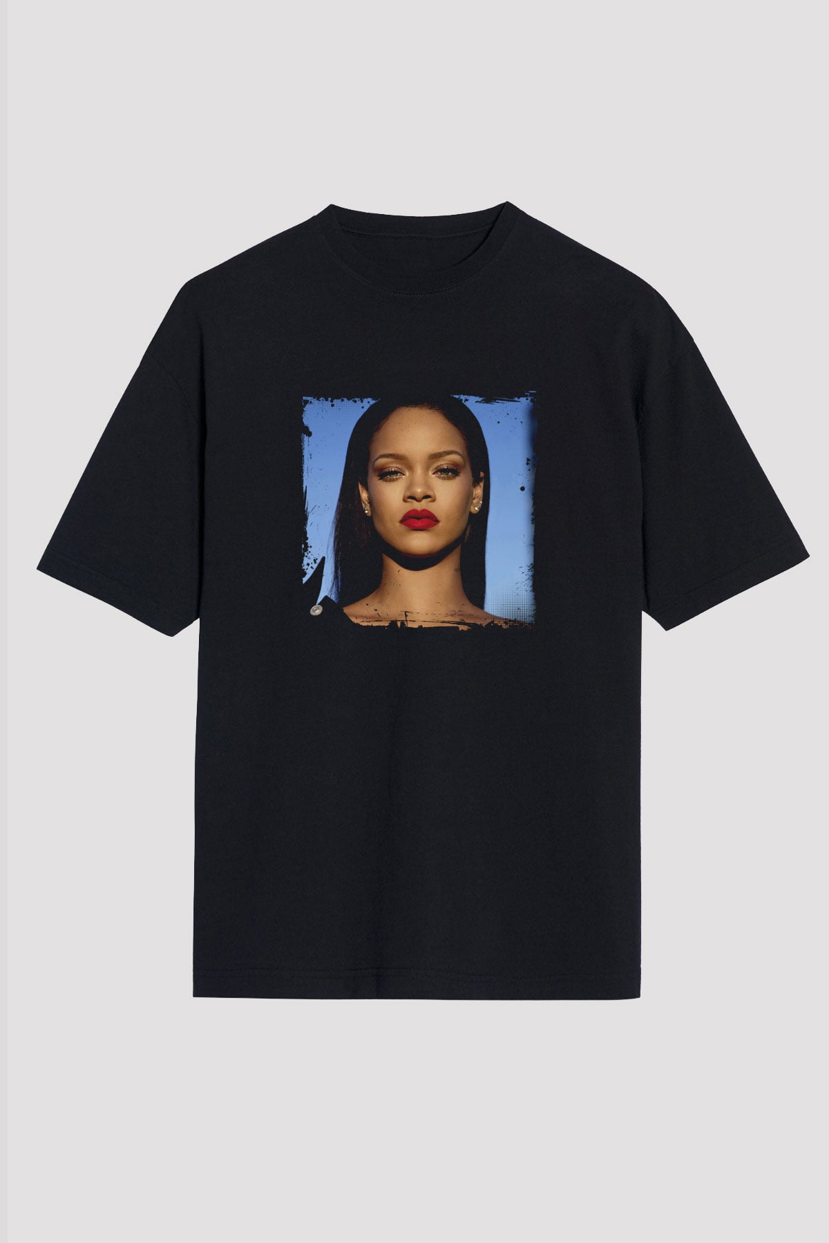 Rihanna Baskılı Unisex Oversize Siyah Tişört