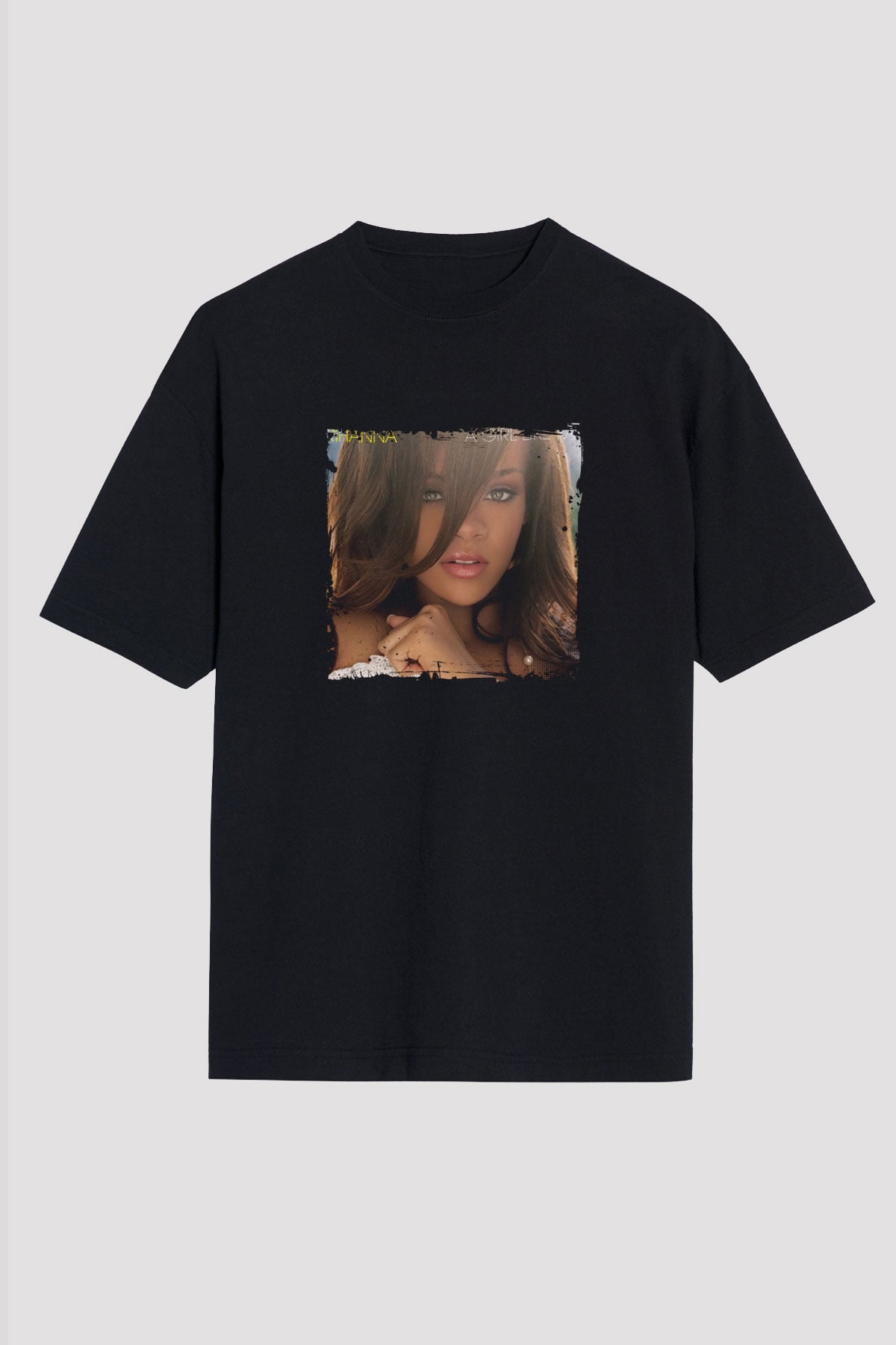Rihanna Baskılı Unisex Oversize Siyah Tişört
