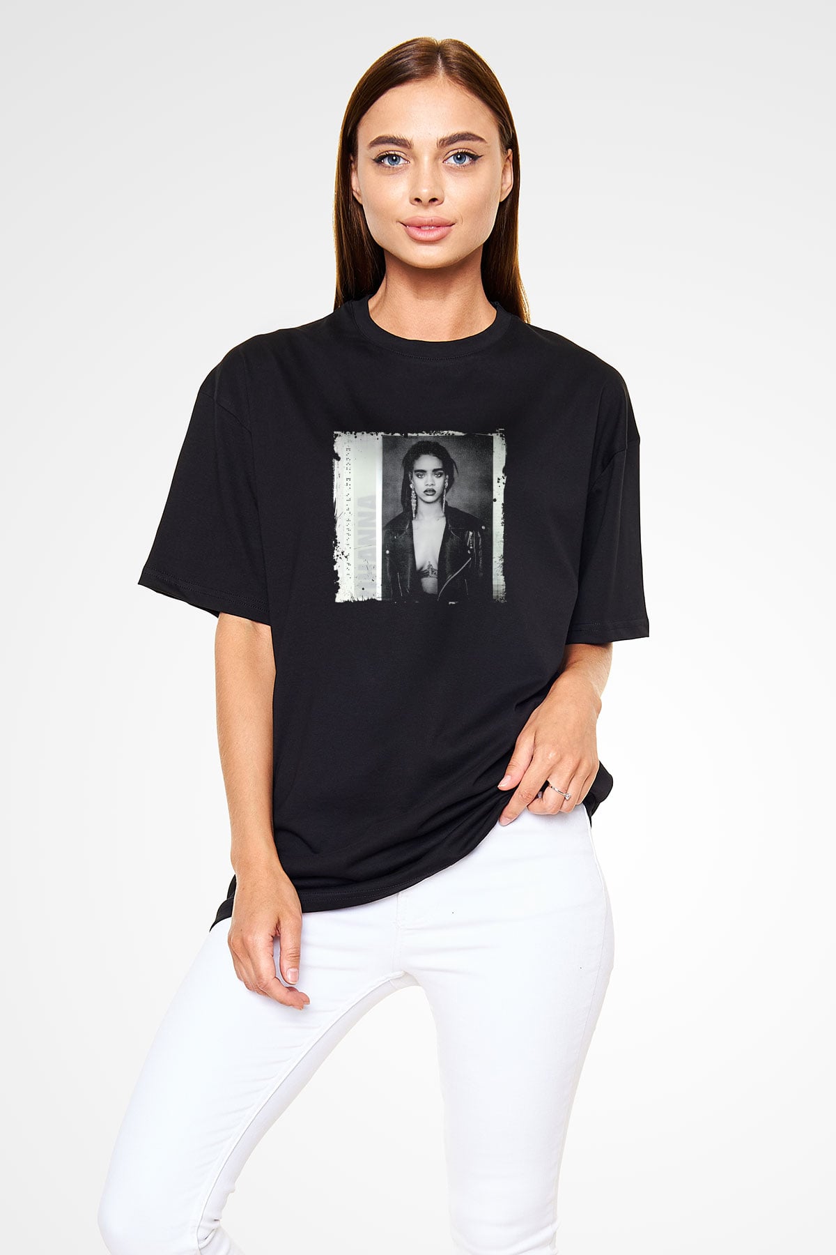 Rihanna Baskılı Unisex Oversize Siyah Tişört