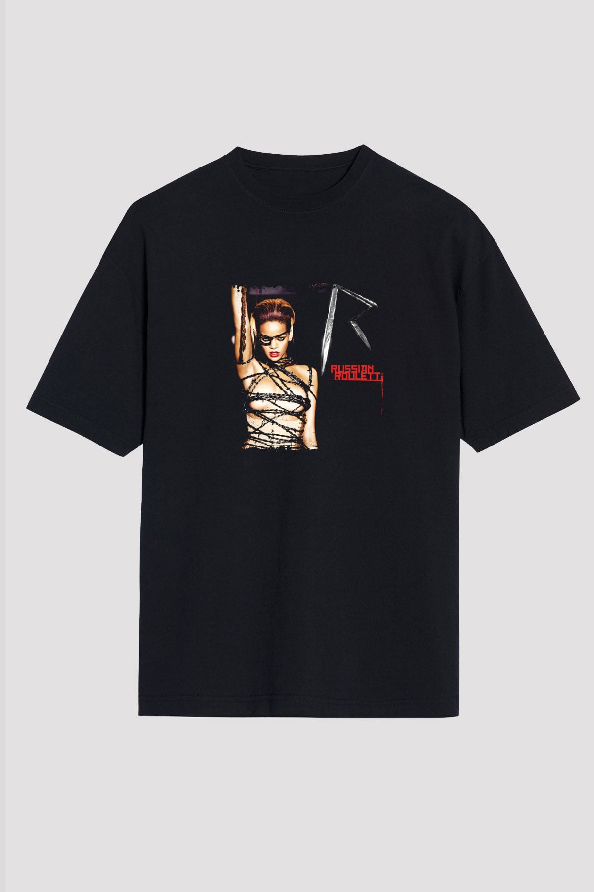 Rihanna Baskılı Unisex Oversize Siyah Tişört