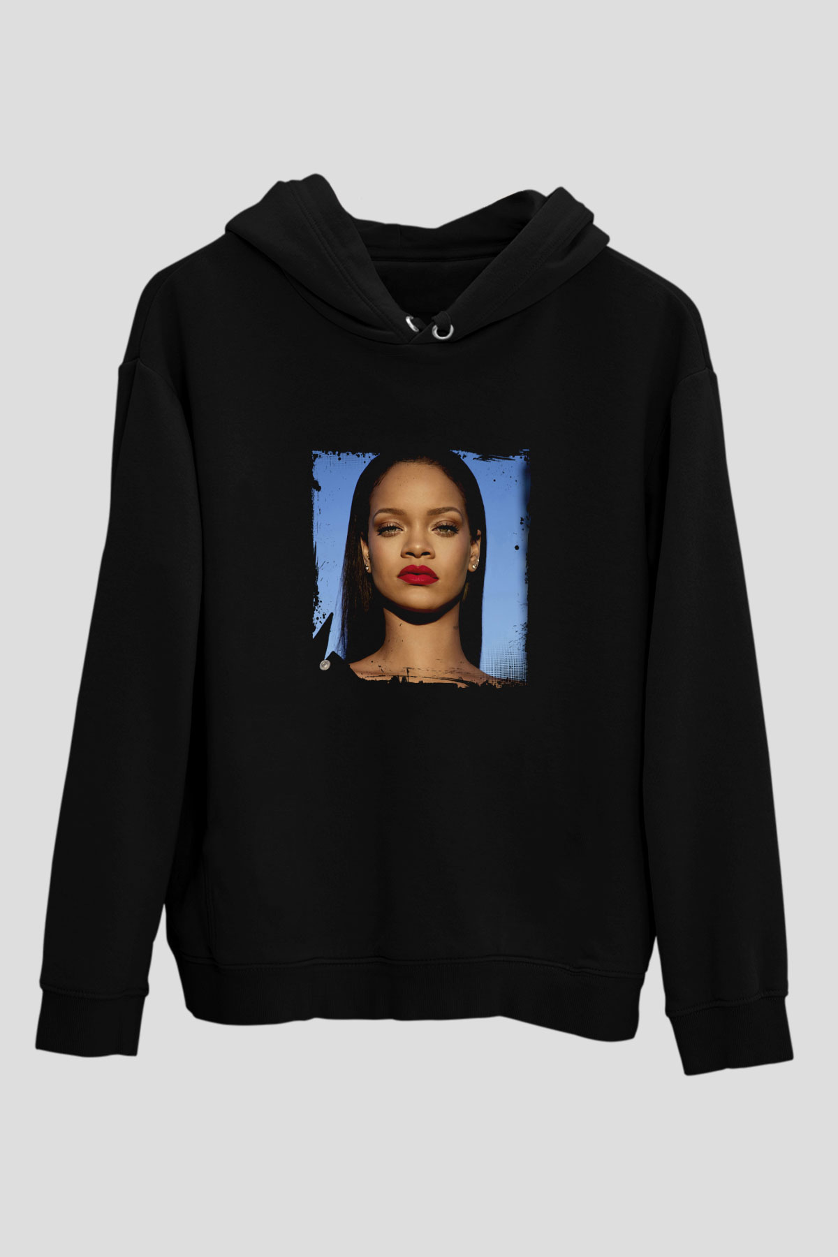 Rihanna Baskılı Unisex Siyah Hoodie