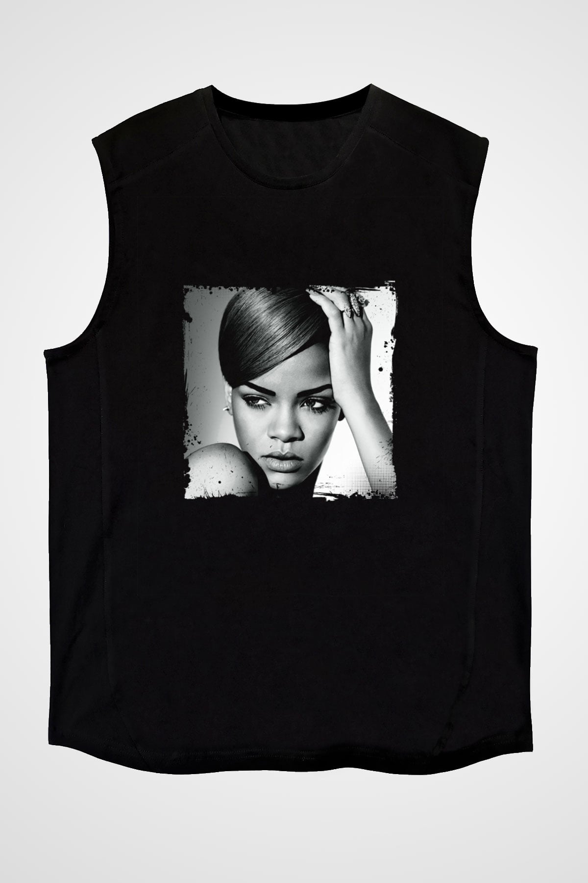 Rihanna Baskılı Unisex Siyah Kolsuz Tişört