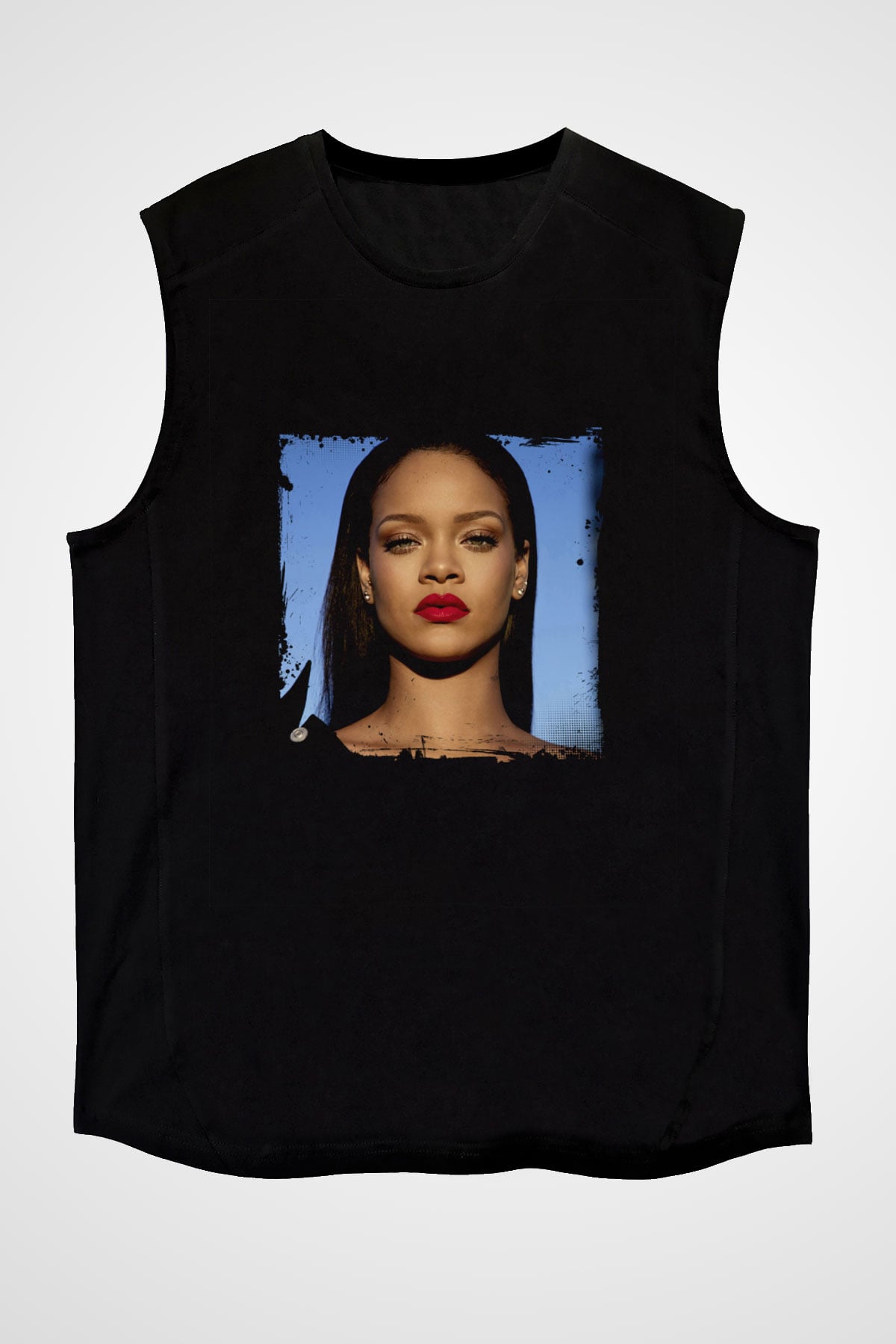 Rihanna Baskılı Unisex Siyah Kolsuz Tişört