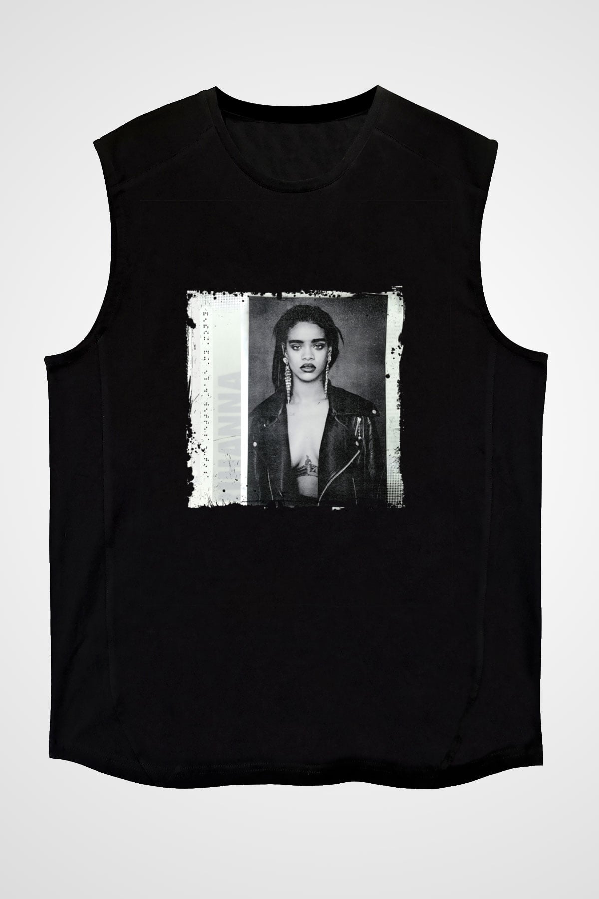 Rihanna Baskılı Unisex Siyah Kolsuz Tişört