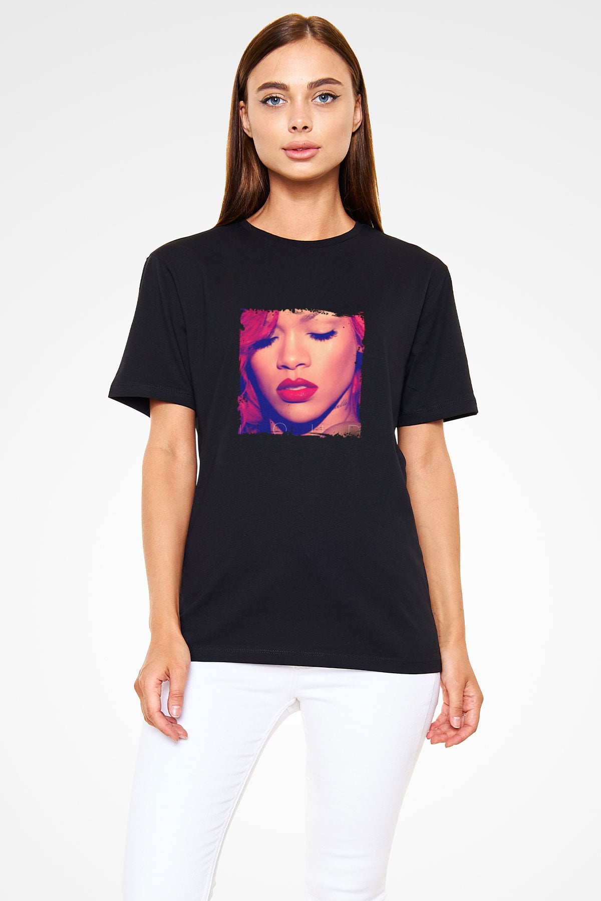 Rihanna Baskılı Unisex Siyah Tişört