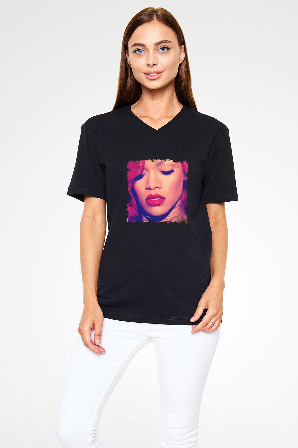 Rihanna Baskılı Unisex Siyah V Yaka Tişört