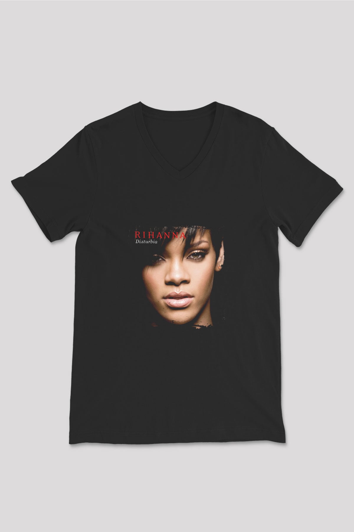 Rihanna Baskılı Unisex Siyah V Yaka Tişört