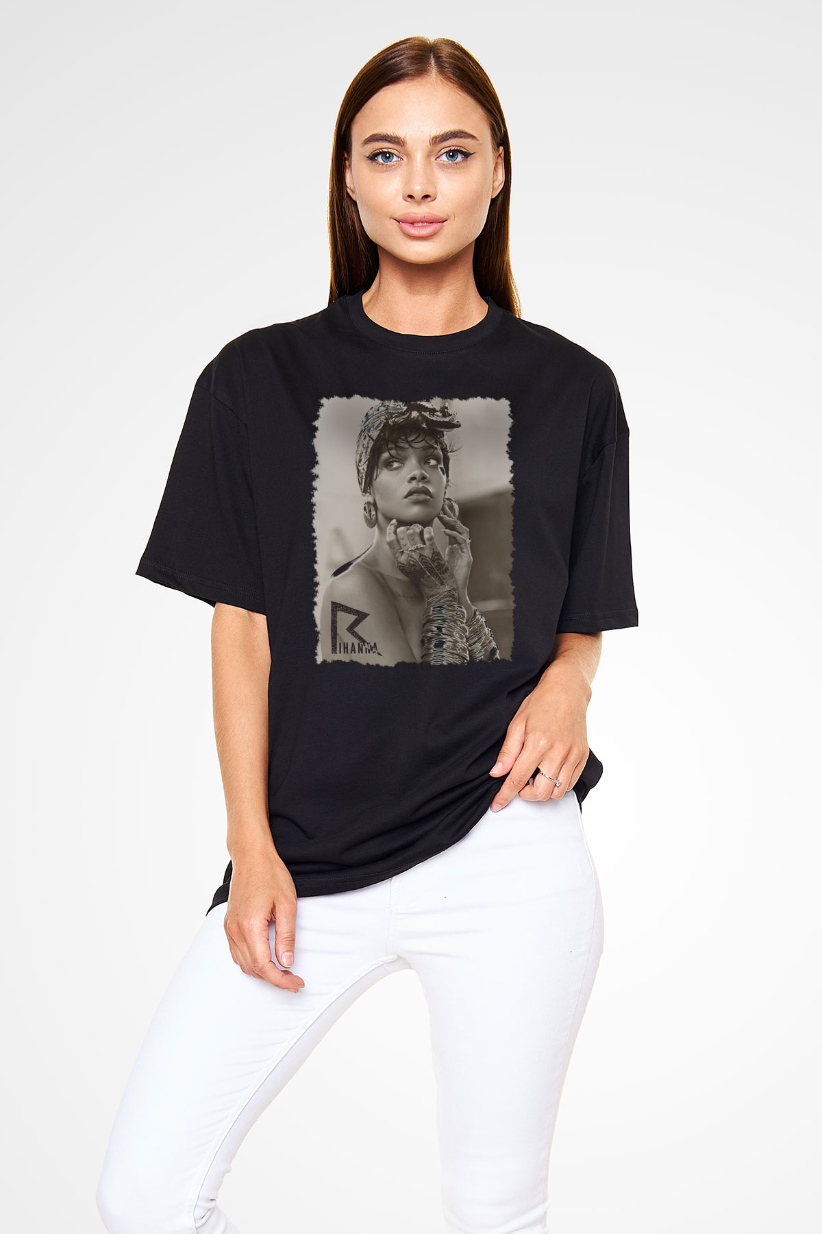Rihanna Siyah Unisex Oversize Tişört T-Shirt