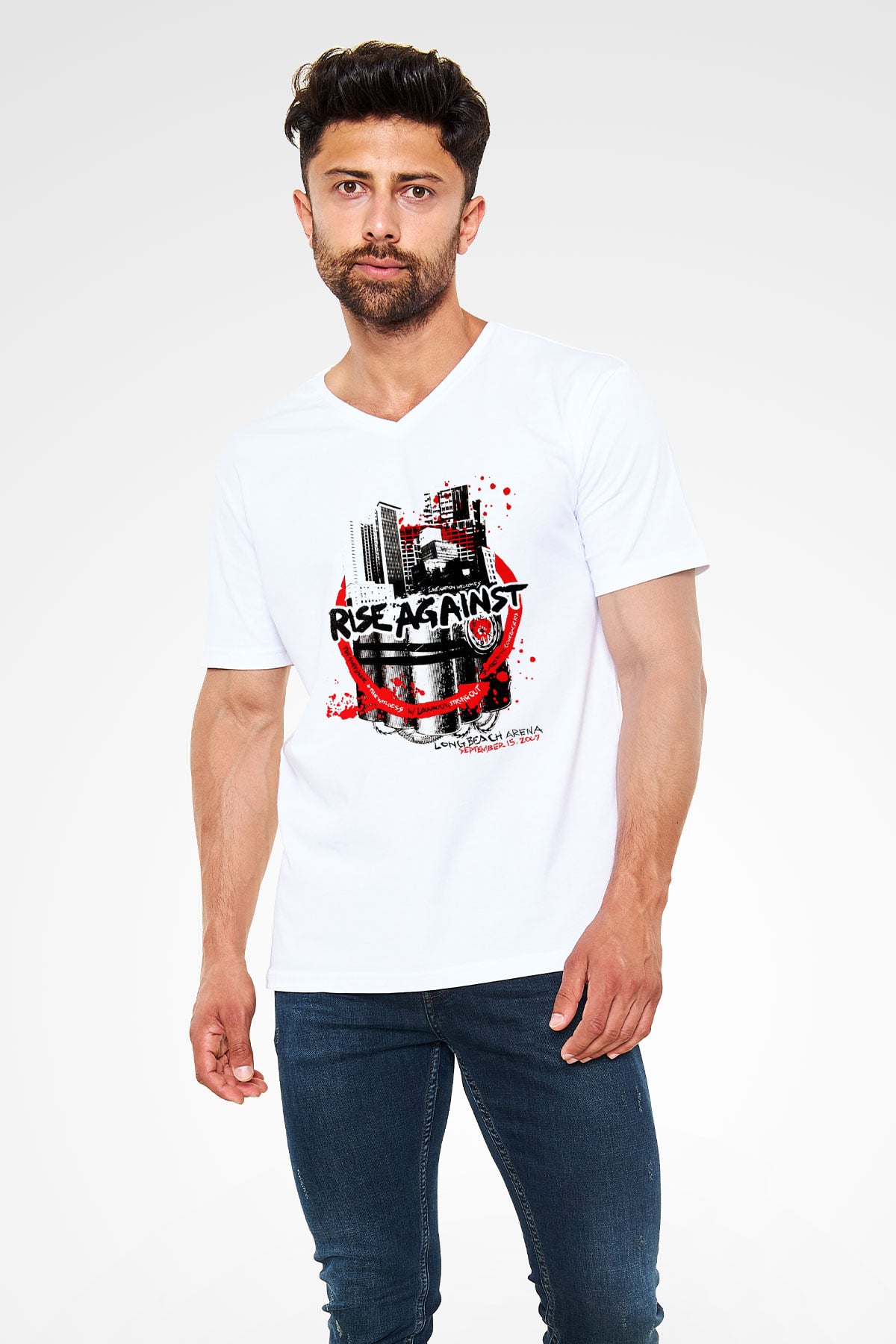 Rise Against Beyaz Unisex V Yaka Tişört T-Shirt