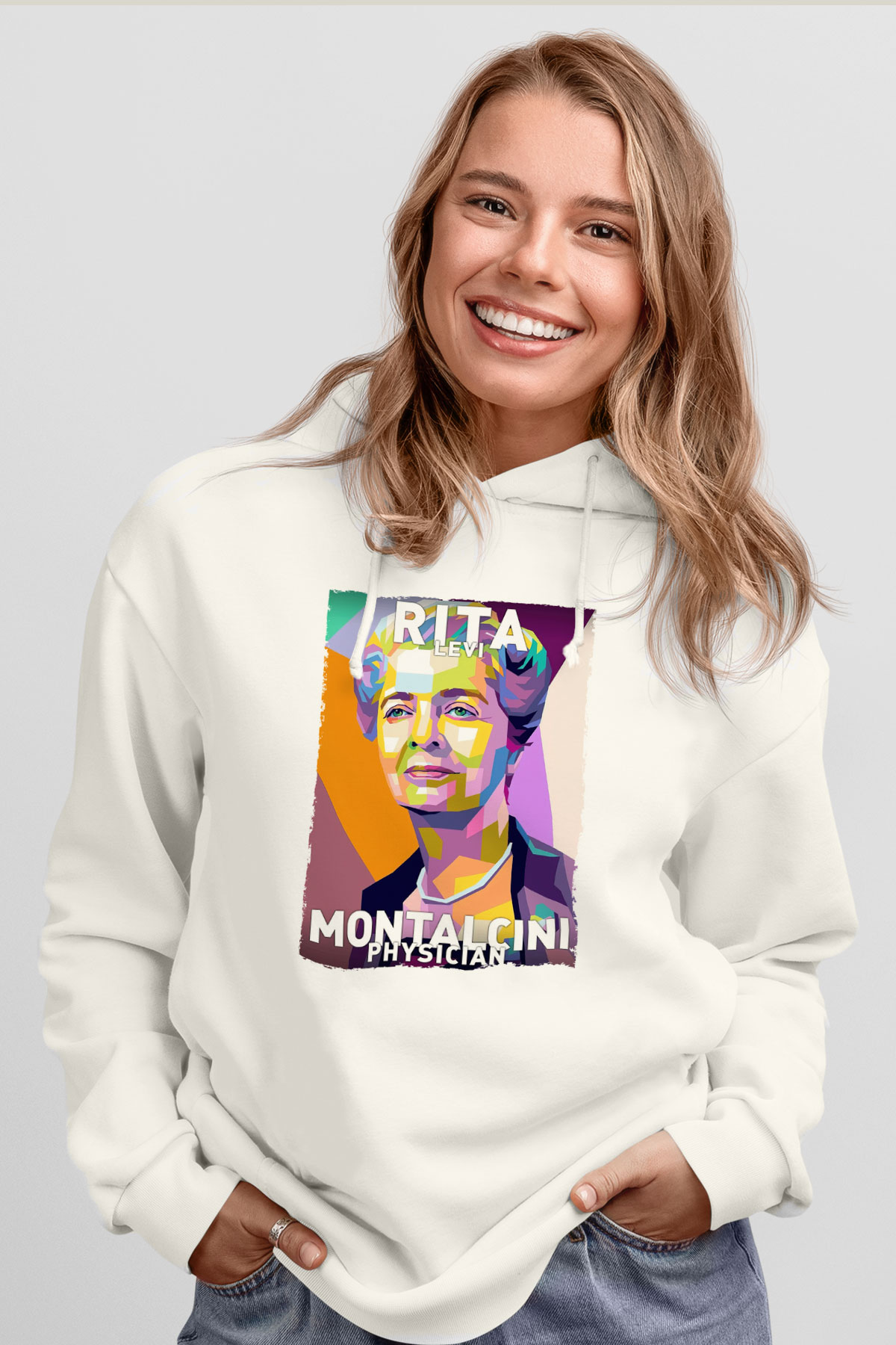 Rita Levi Montalcini Baskılı Unisex Ekru Hoodie
