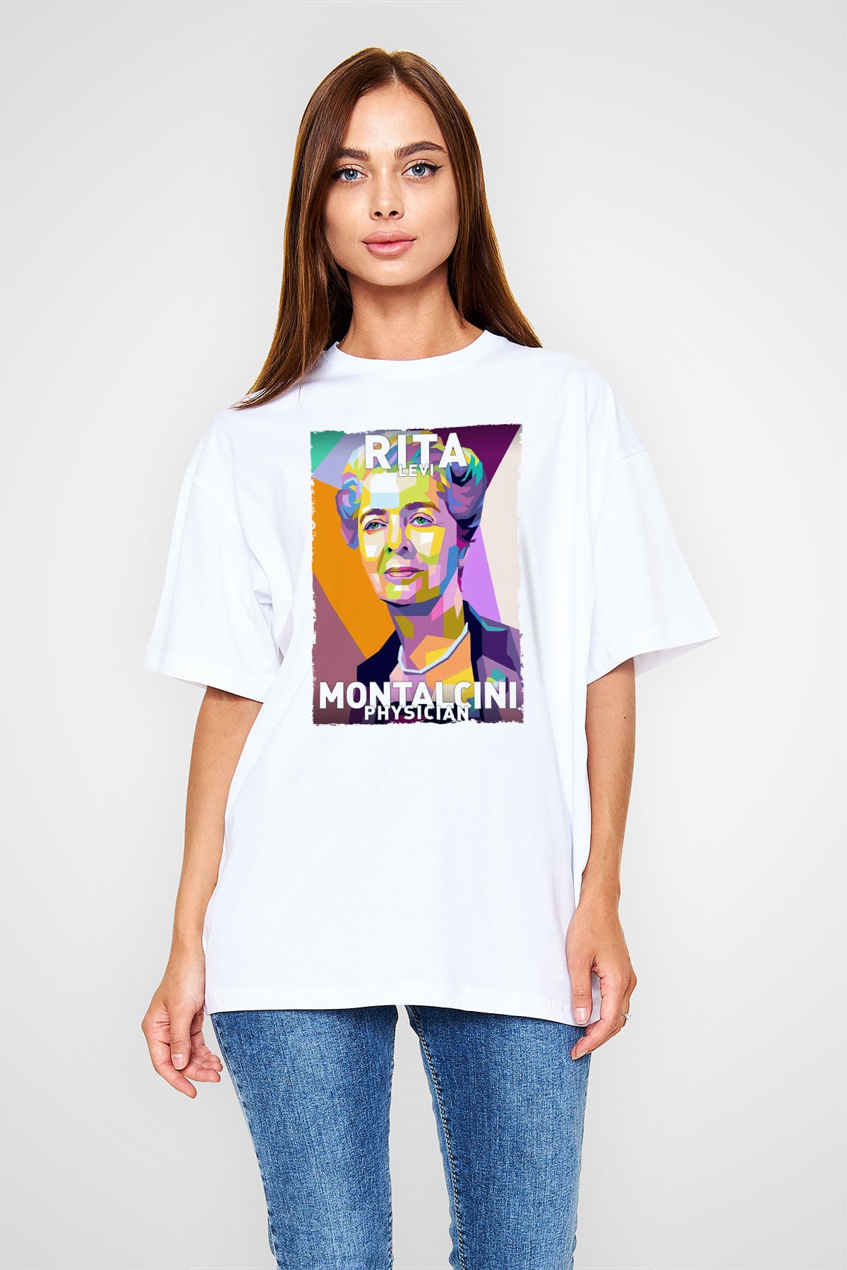 Rita Levi Montalcini Baskılı Unisex Oversize Beyaz Tişört - Tshirt